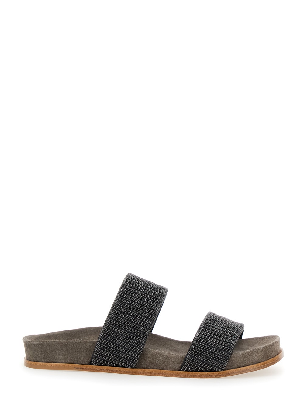 Grey Sandals With Monile Decoration And Round Open Toe In Suede And Cotton Woman