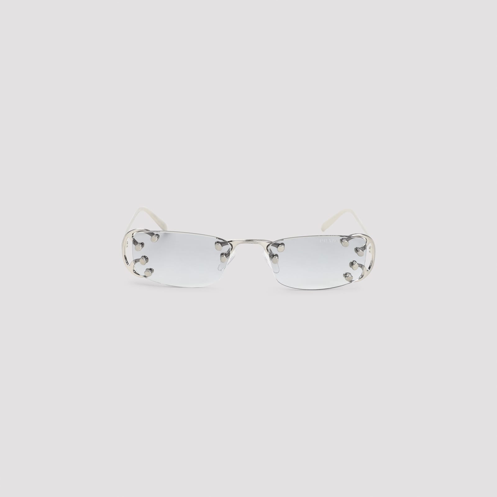 Prada Rimless Rectangular Sunglasses With Polished Metal Frames In Silver