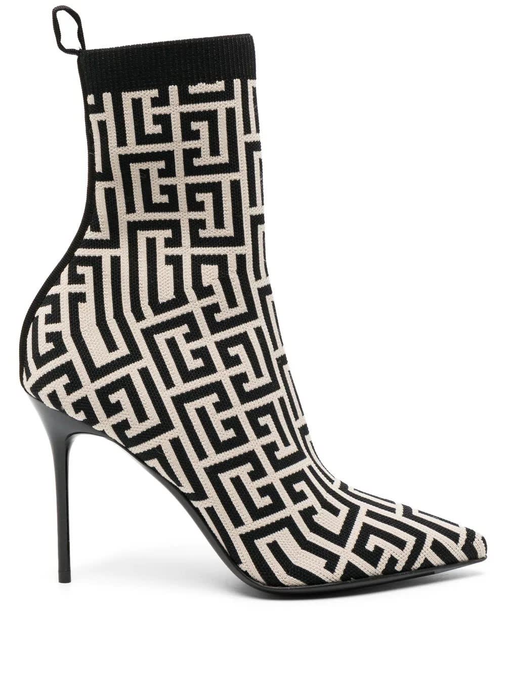 Shop Balmain Black And Ivory Knitted Monogram Ankle Boots