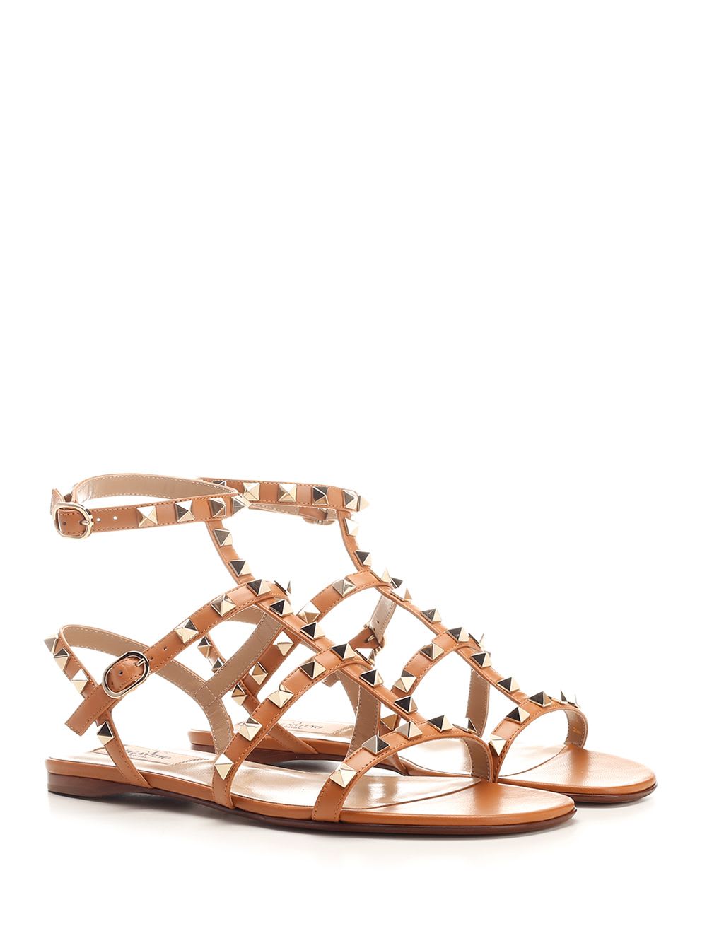 Valentino Rockstud Caged Leather Ankle Strap Sandal In Almond Beige