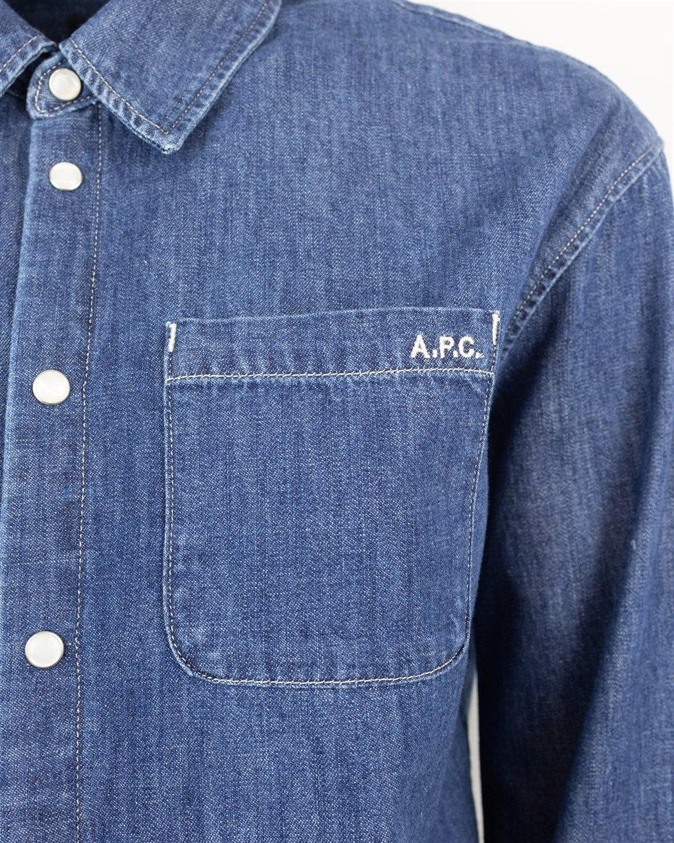 Shop Apc Logo Embroidered Denim Shirt In Blue