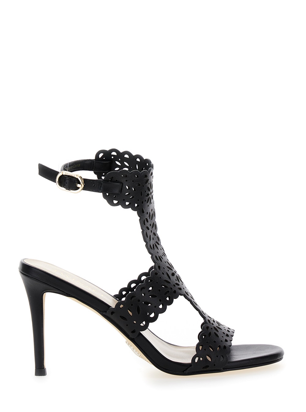 Black High Sandals With Lace-motif In Leather Woman
