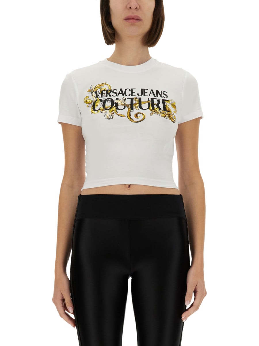 Versace Jeans Couture T-shirt With Crystals Outline Baroque In White