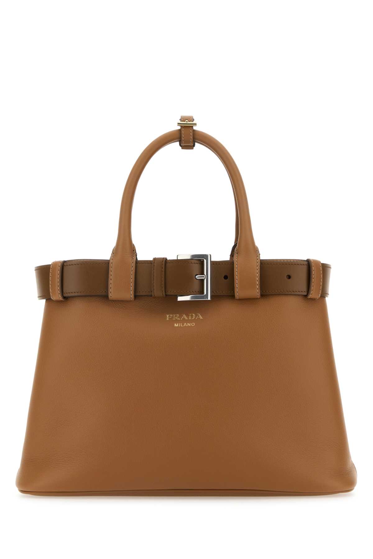 Shop Prada Caramel Leather  Buckle Medium Handbag In Caramel0