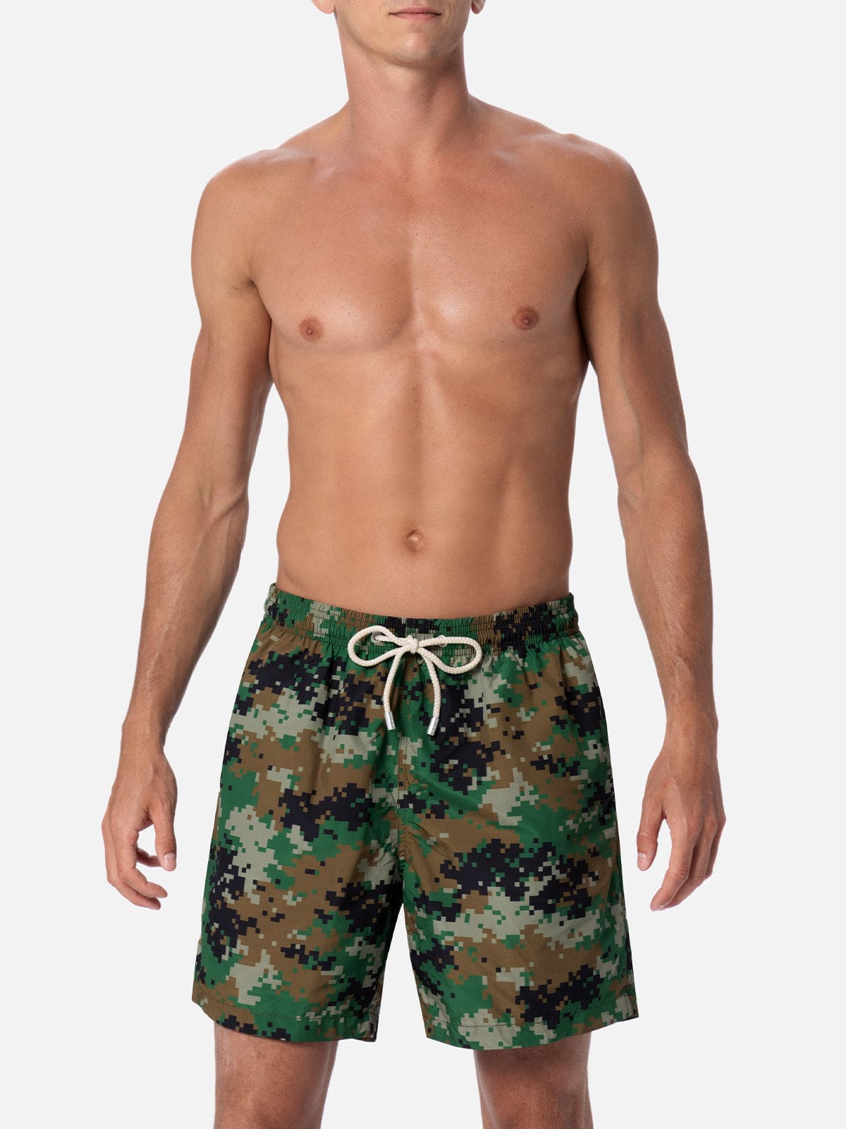 Mc2 Saint Barth Man Lightweight Fabric Swim-shorts Lighting With Camouflage Print In Green