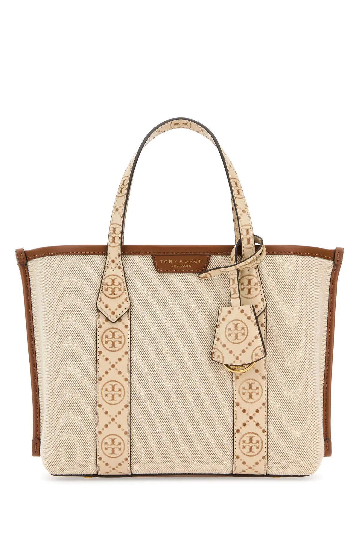 Shop Tory Burch Ivory Canvas Small Perry Shopping Bag In Cream