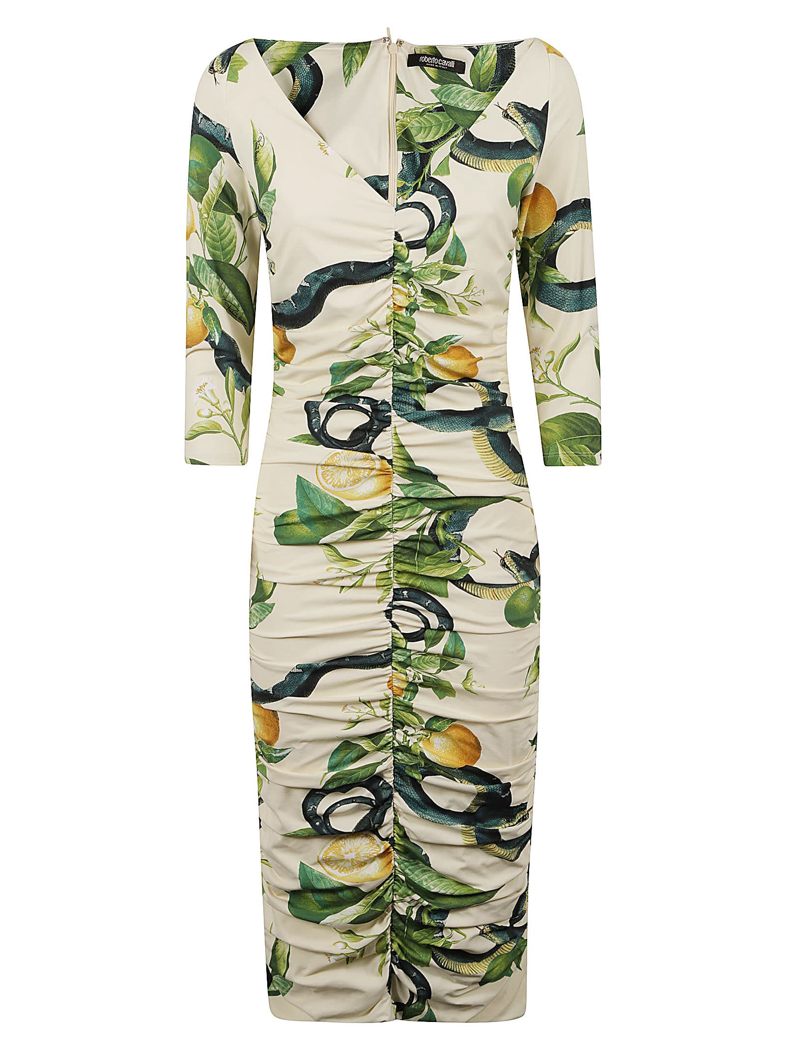Roberto Cavalli Snake Lemon Print V-neck Dress