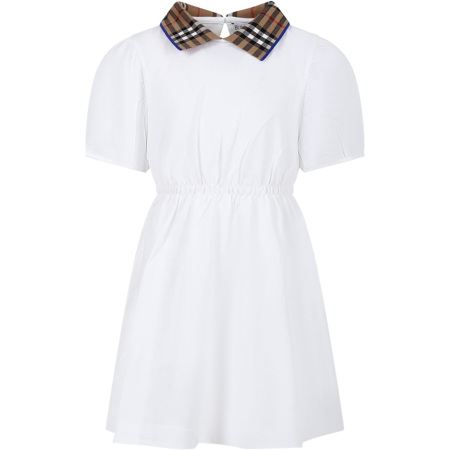 Shop Burberry White Dress For Girl With Vintage Check On The Collar