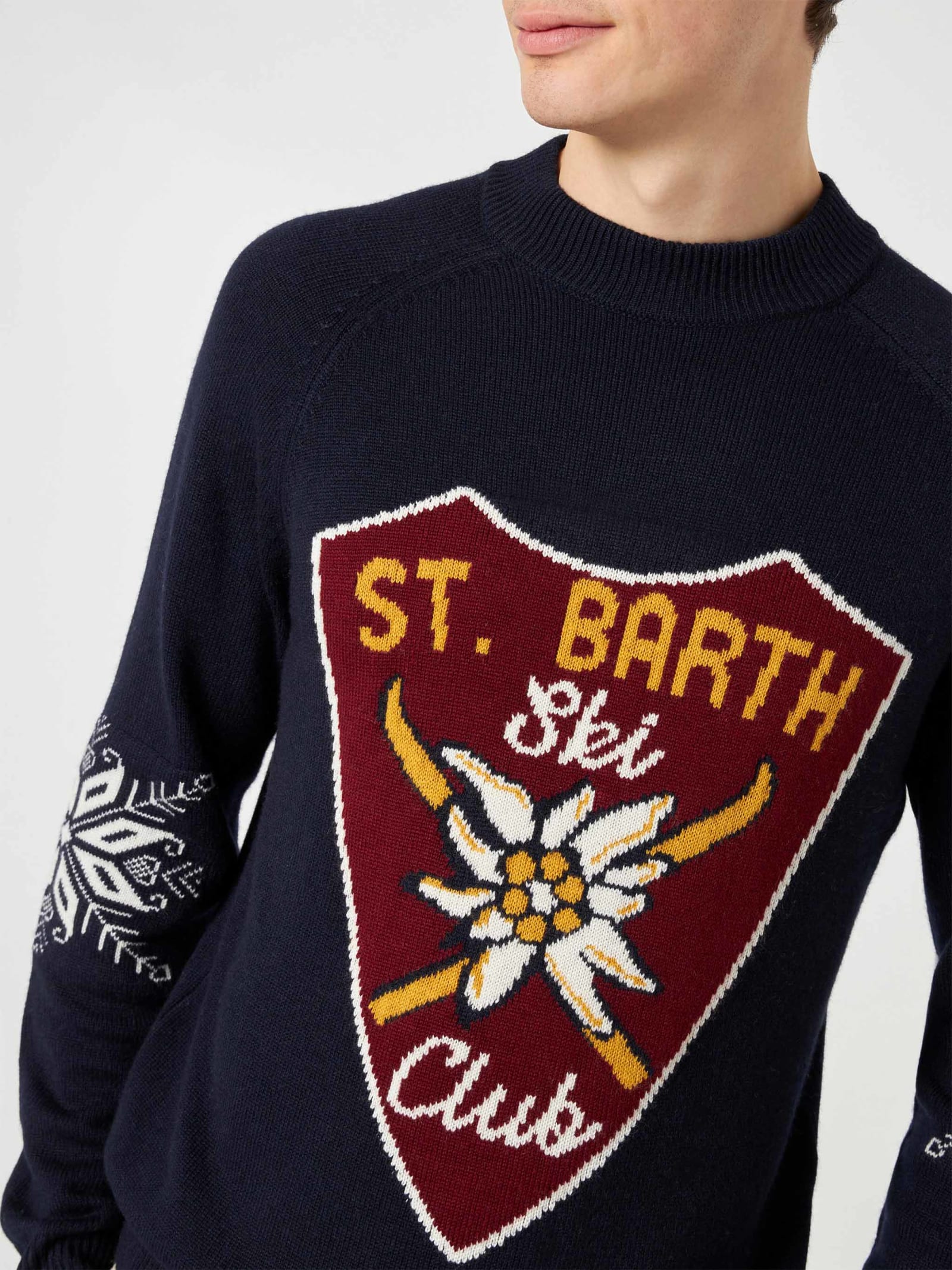 Shop Mc2 Saint Barth Man Half-turtleneck Sweater With Alpine Jacquard Print In Blue