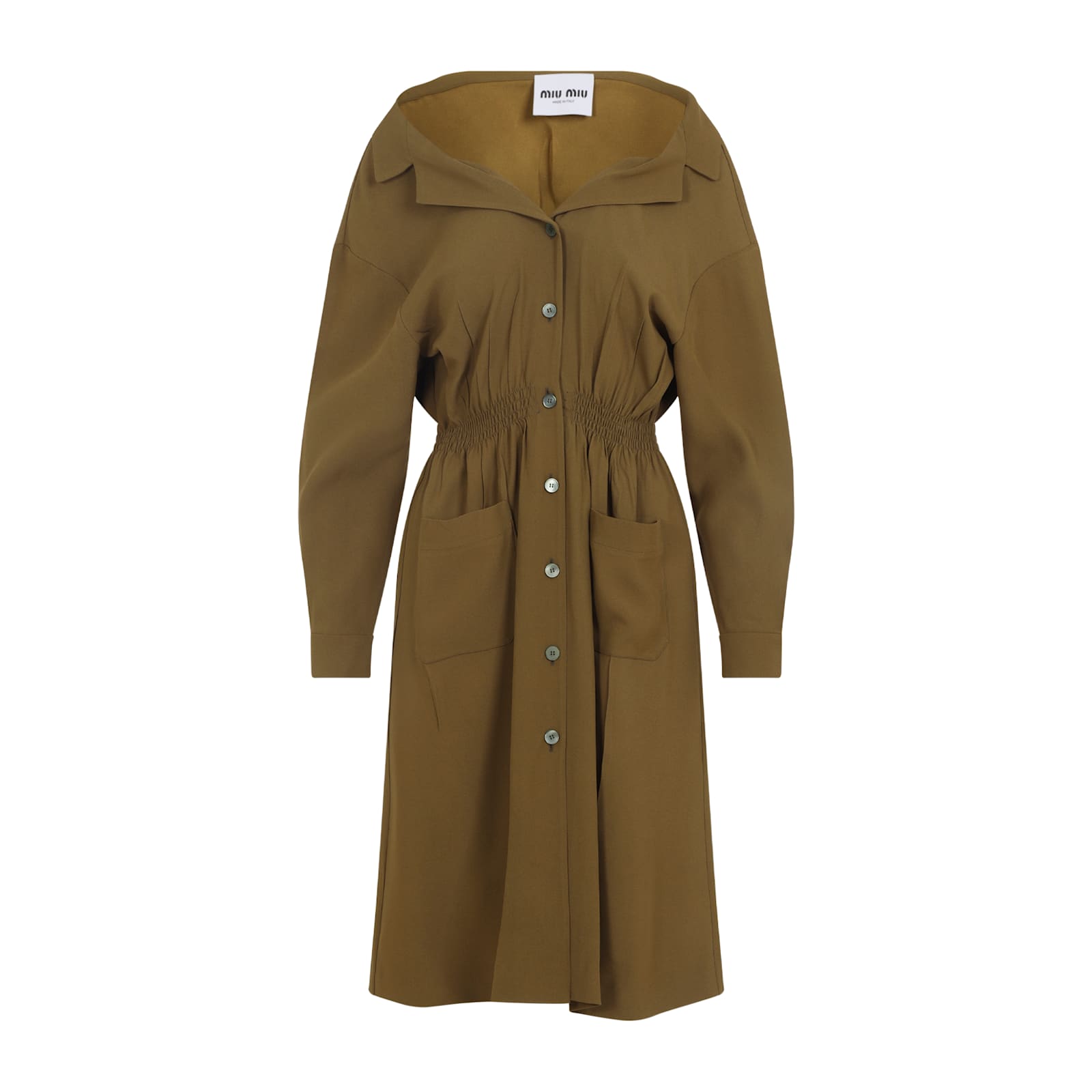 Miu Miu Long Sleeve Dress With Pockets And Elastic Waist In Green