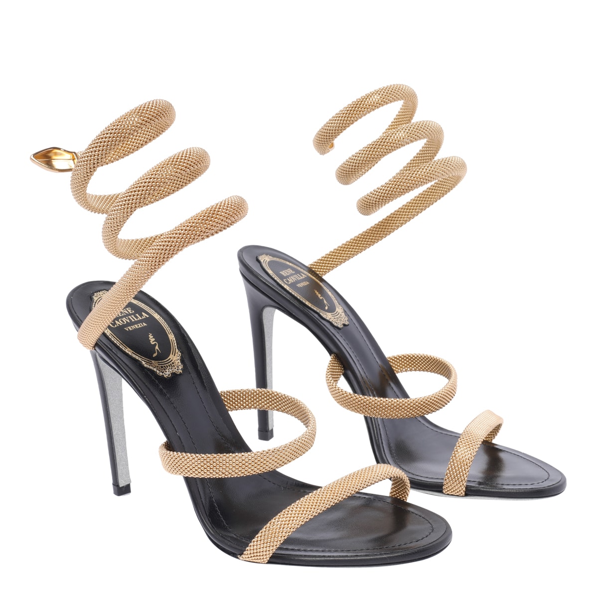 René Caovilla Trigold Cleo Black-gold Sandal 105 In Gold