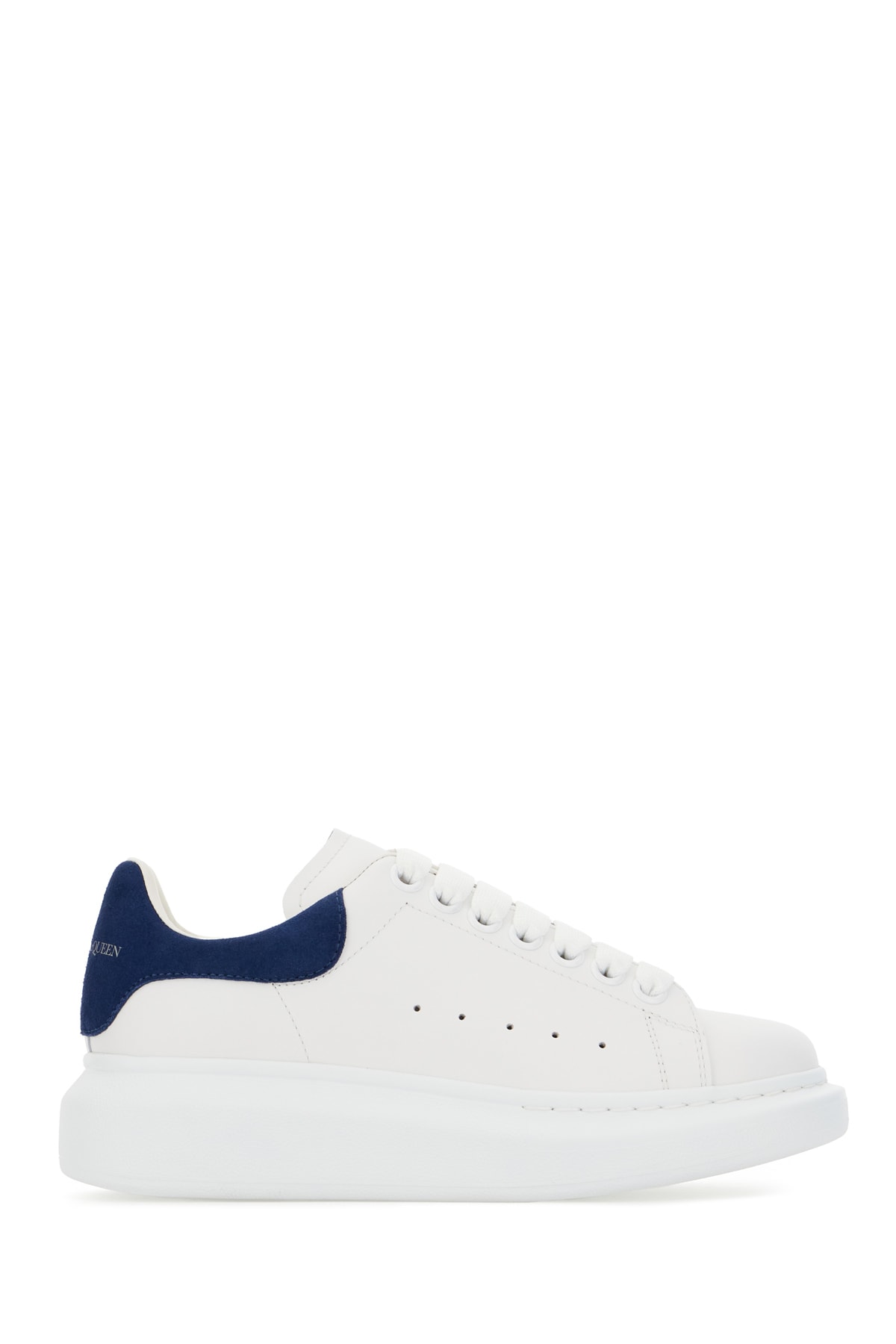 Alexander Mcqueen White Leather Sneakers With Blue Suede Heel In Bianco