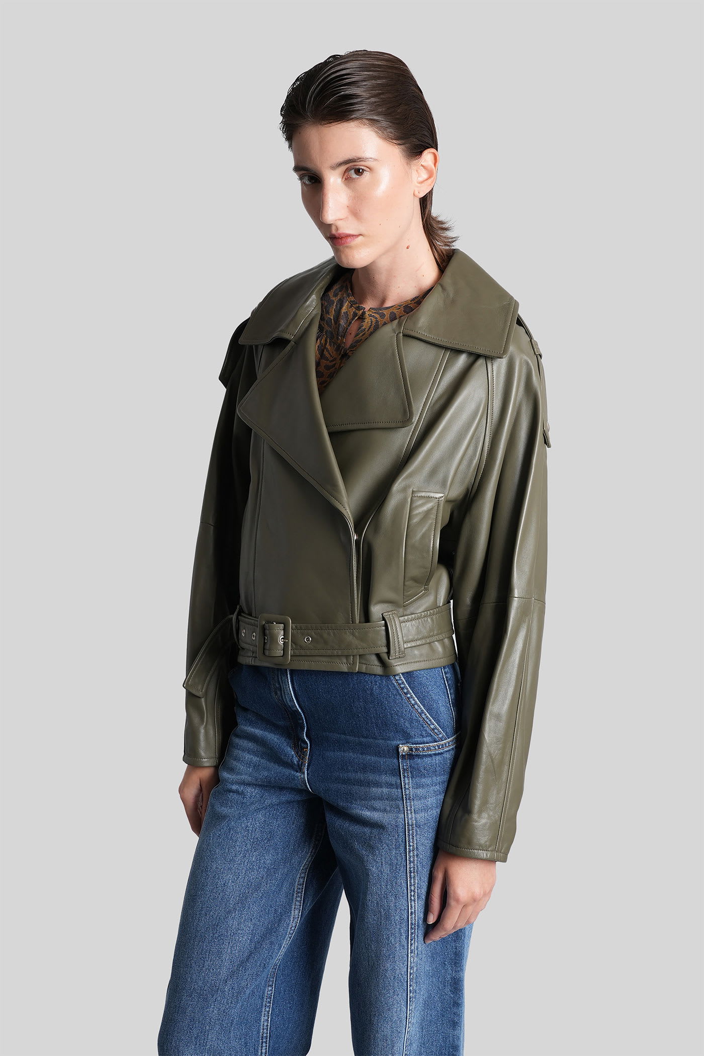 Iro Yuria Biker Jacket In Green Leather In Green