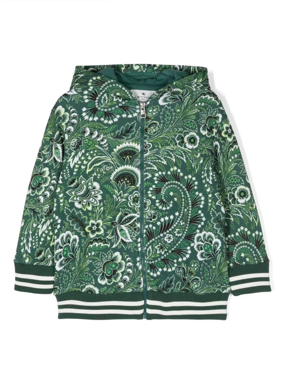 Shop Etro Green Zip-up Hoodie With Paisley Print