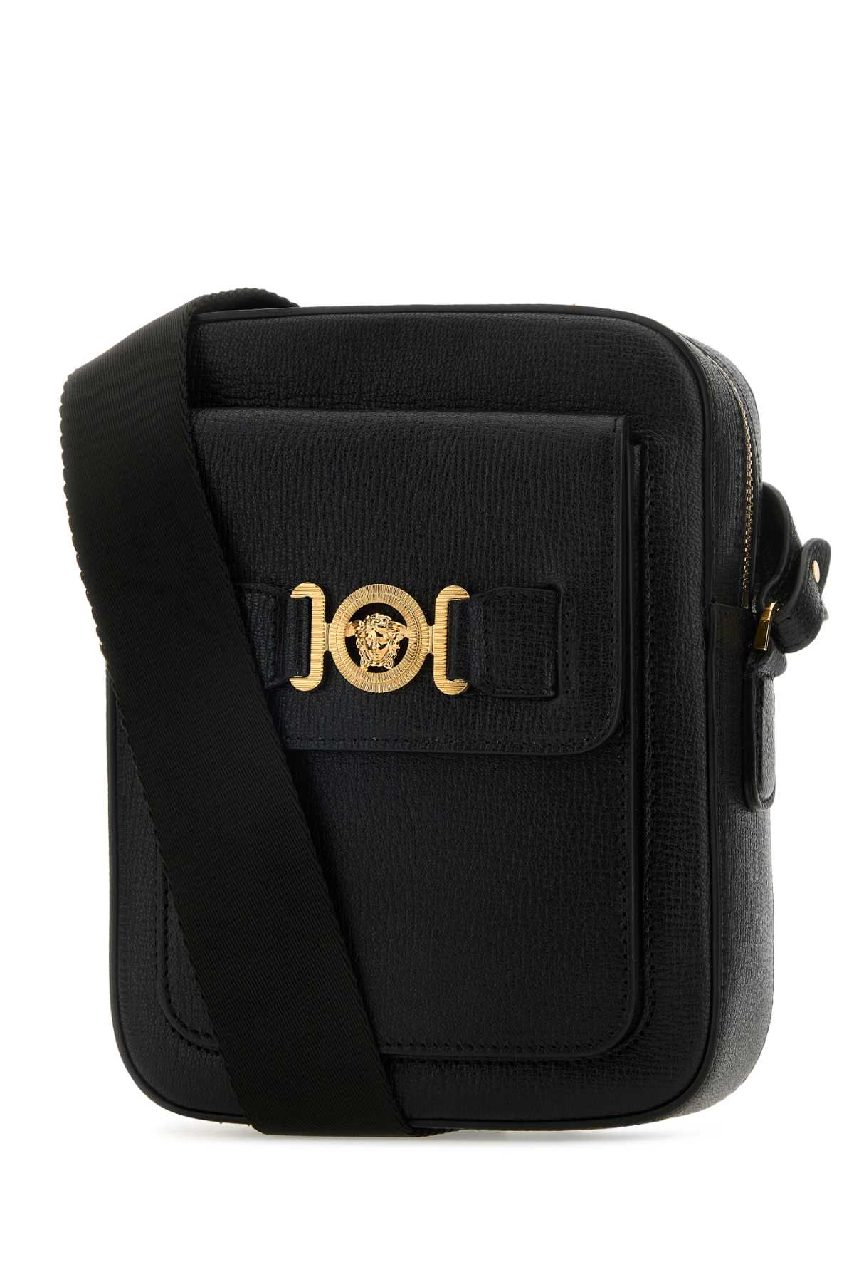 Versace Man Black Leather Medusa Biggie Crossbody Bag In Blackgold