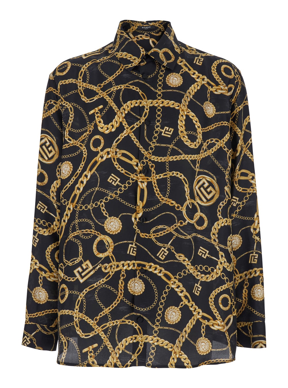 Balmain Black Shirt With Pointed Collar And Chain Print With Logo In Silk Man In Black