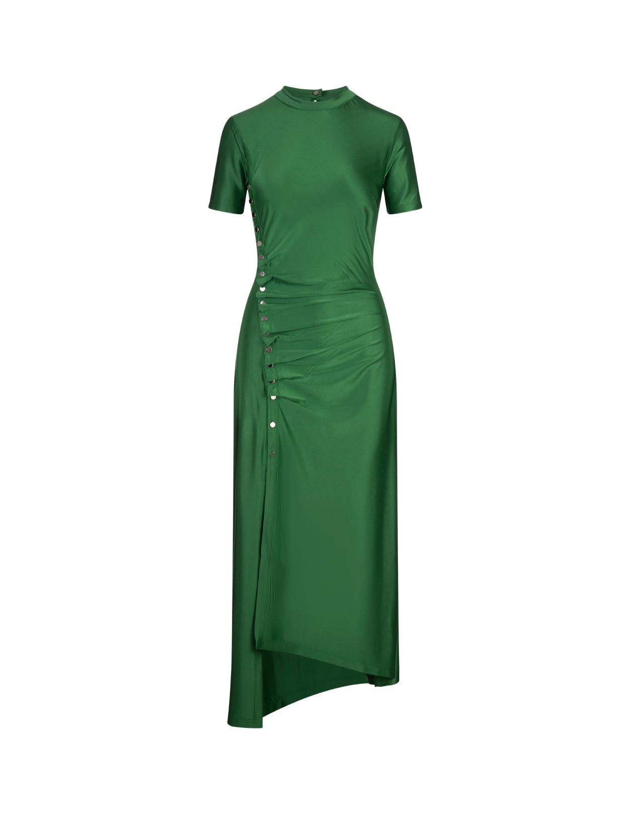 Shop Rabanne Long Draped Dress In Green Stretch Satin