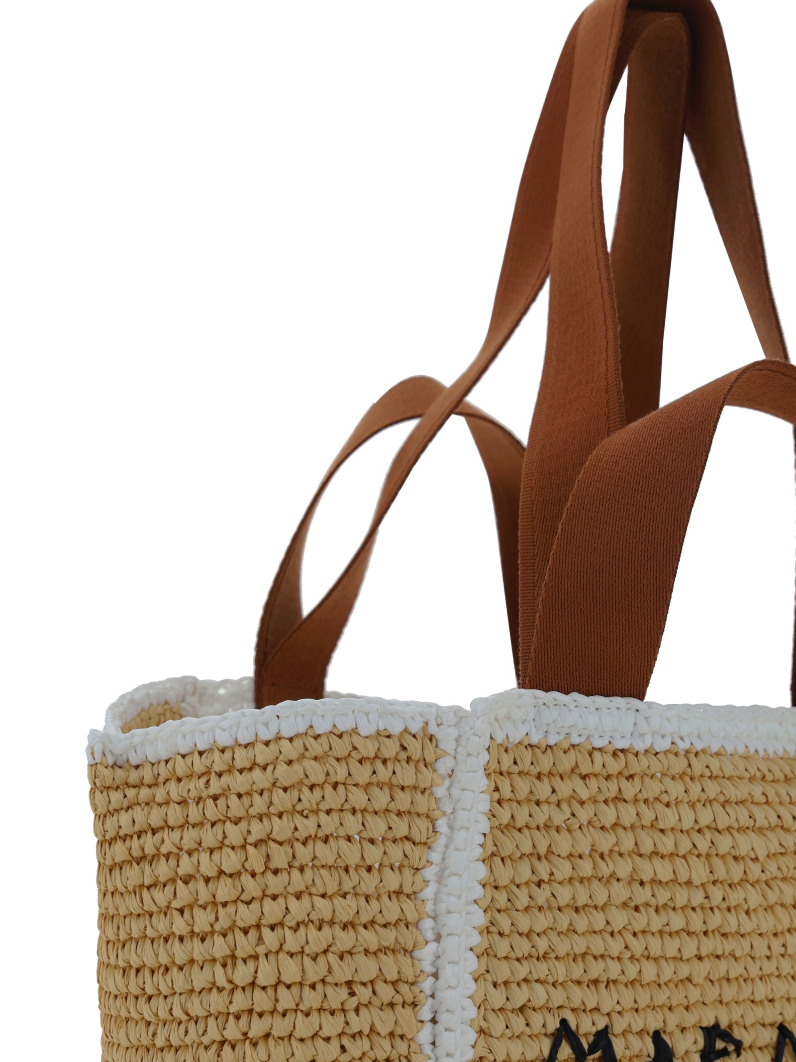 Shop Marni Logo Detail Woven Tote In Natural/white/rust