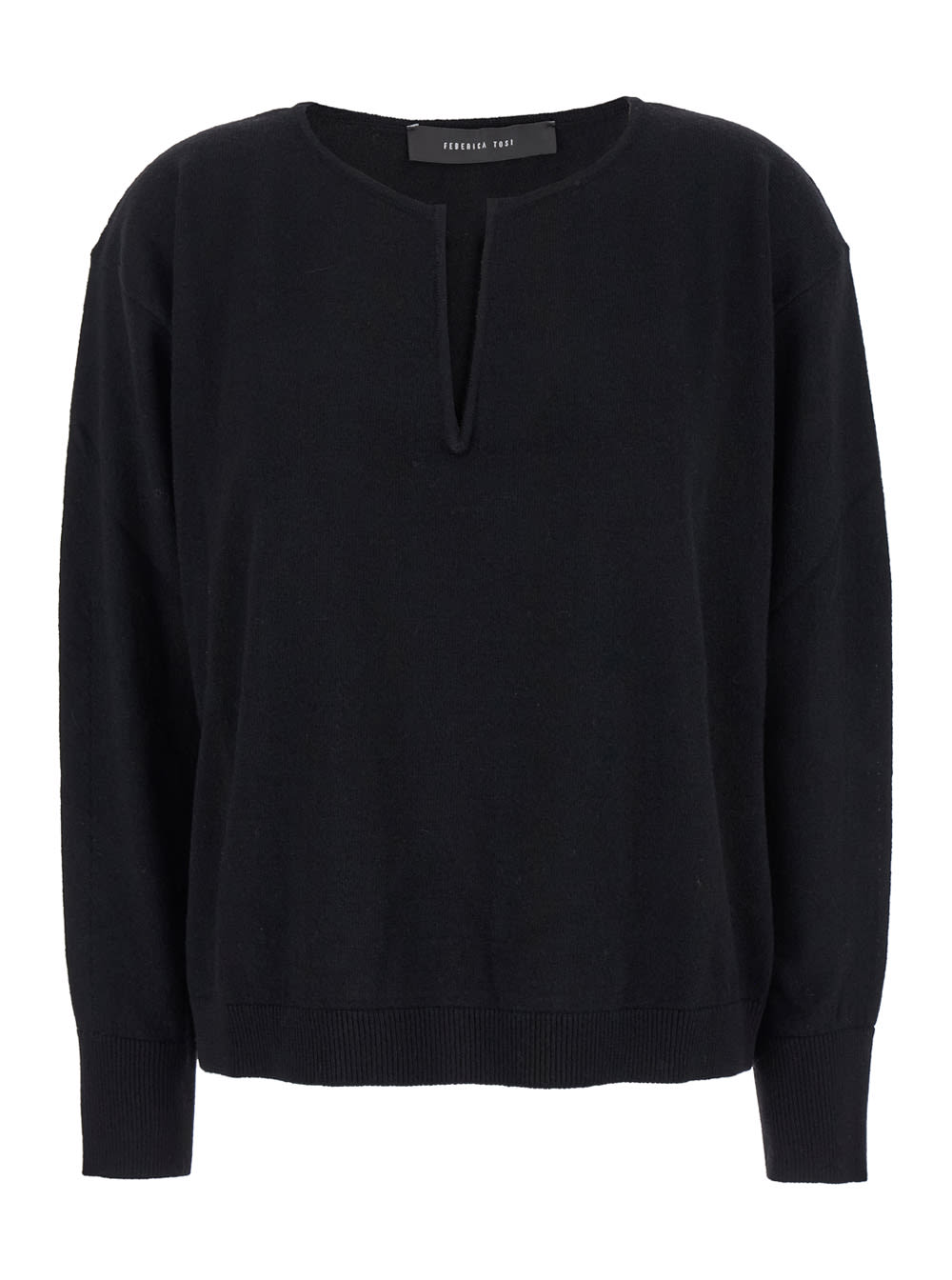 Shop Federica Tosi Black Crewneck Sweater With V Neck In Wool Blend Woman