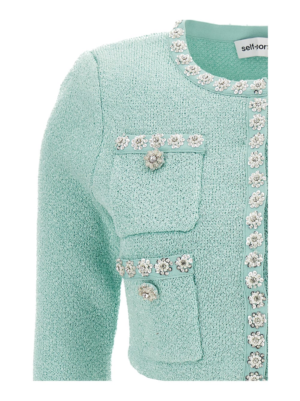 Shop Self-portrait Light Blue Crop Jacket With Jewel Buttons In Knit Woman In Green