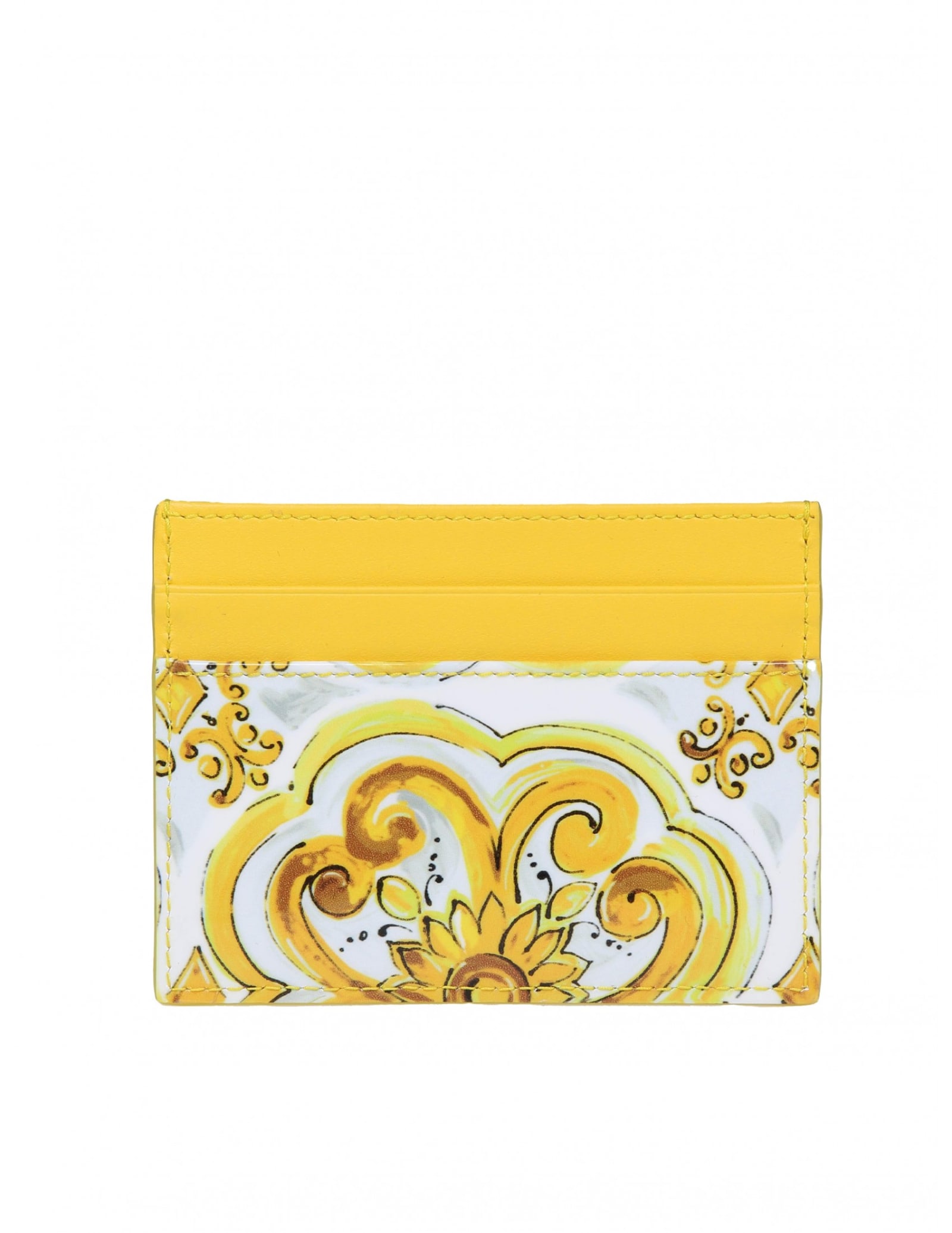 Shop Dolce & Gabbana Polished Leather Card Holder With Maiolica Print In Yellow