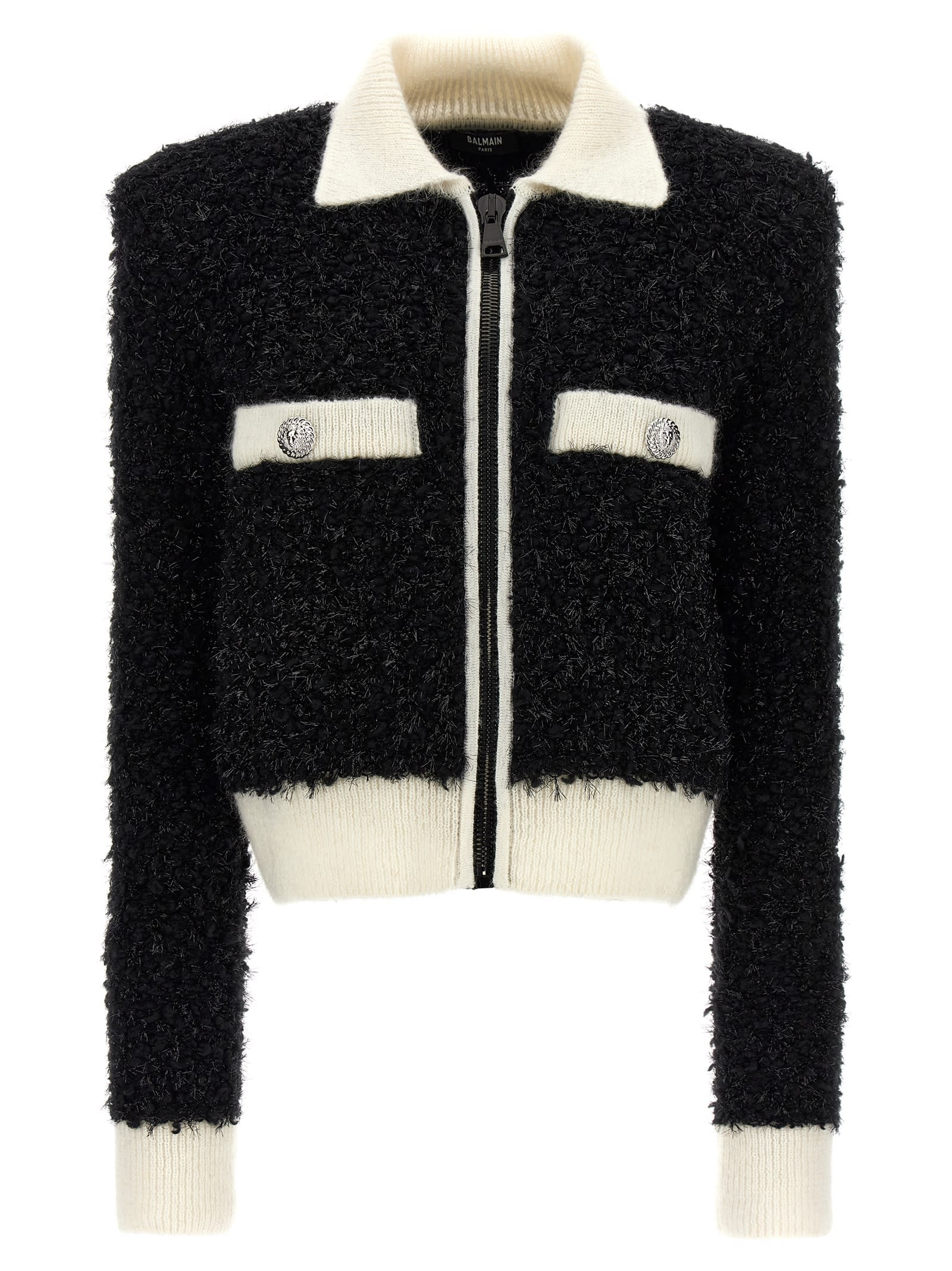 Shop Balmain Furry Tweed Jacket In White/black