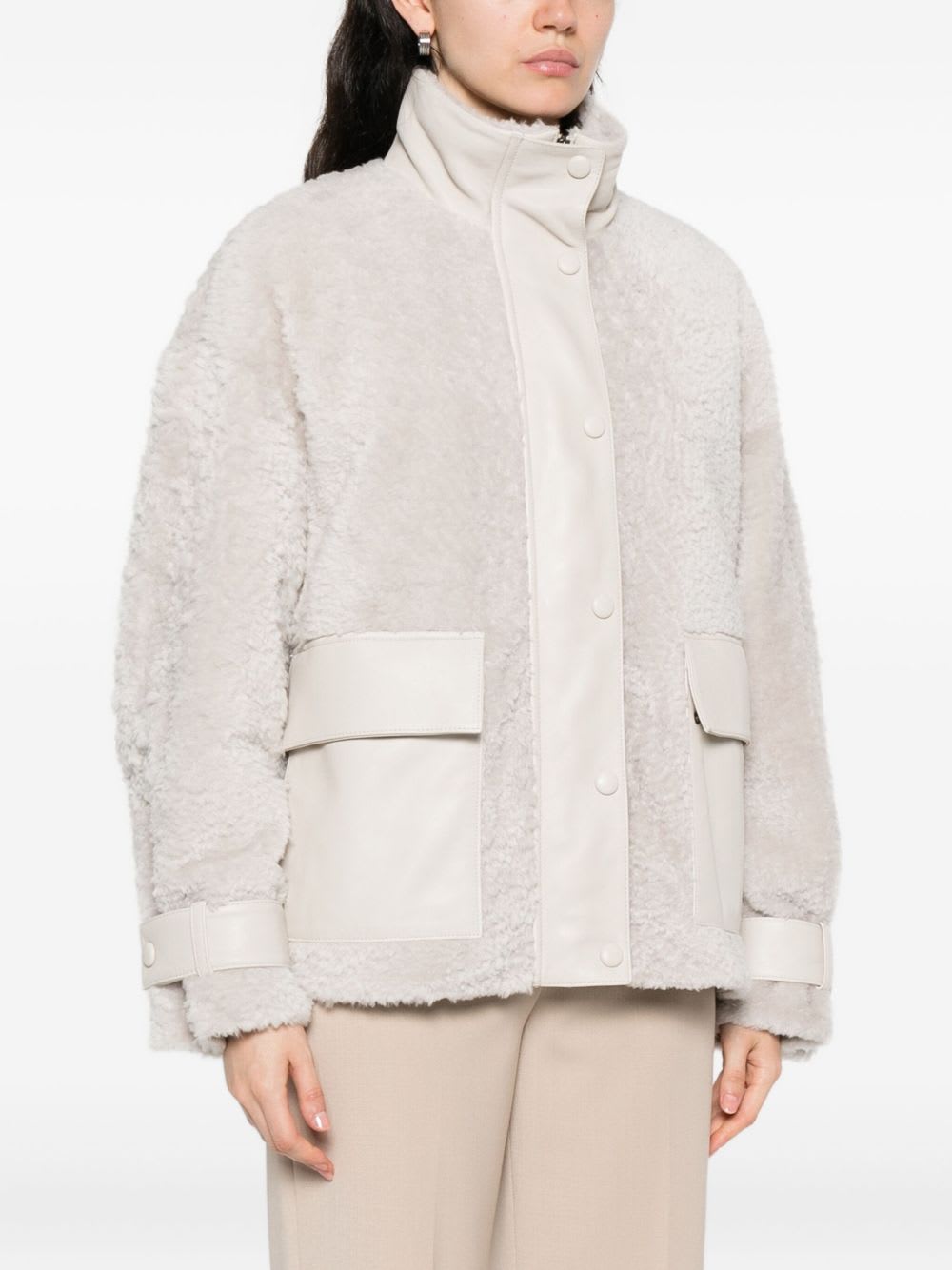 Emporio Armani Shearling Leather Jacket In Neutral