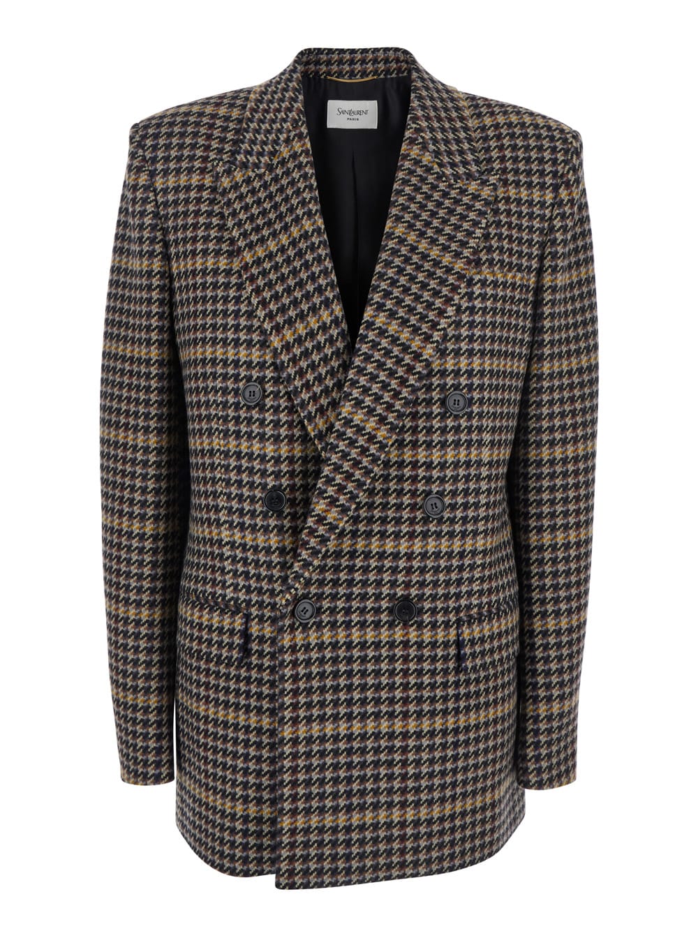 Saint Laurent Brown Double-breasted Jacket With Notched Revers And All-over Check Motif In Wool Woman