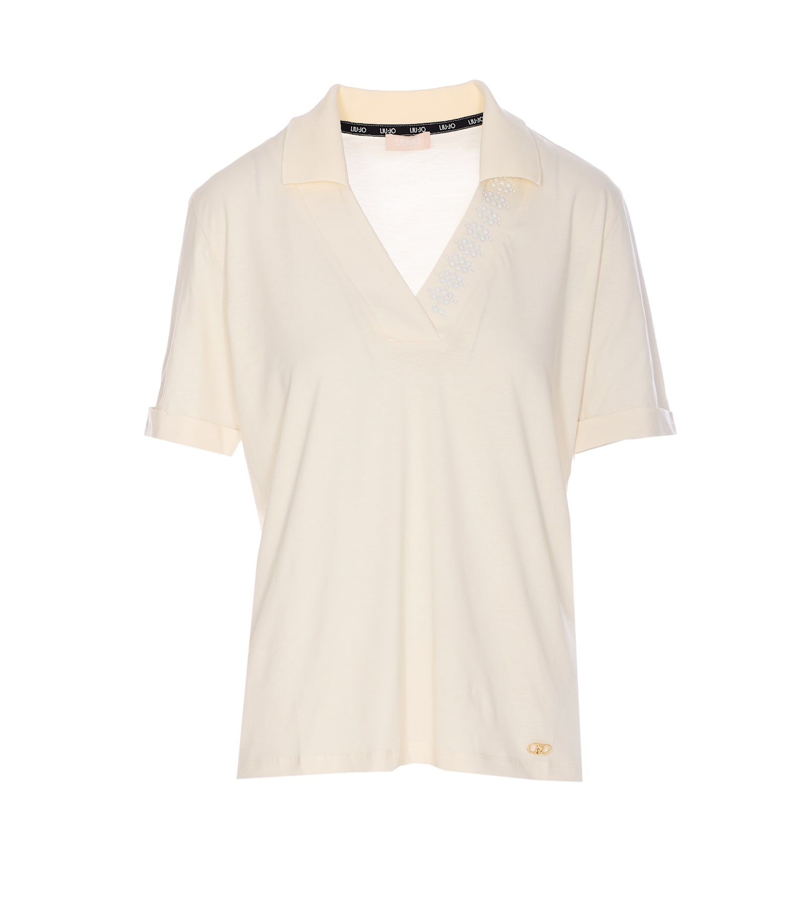 Liu •jo Embellished V-neck Studs Detail Short Sleeve Top In White