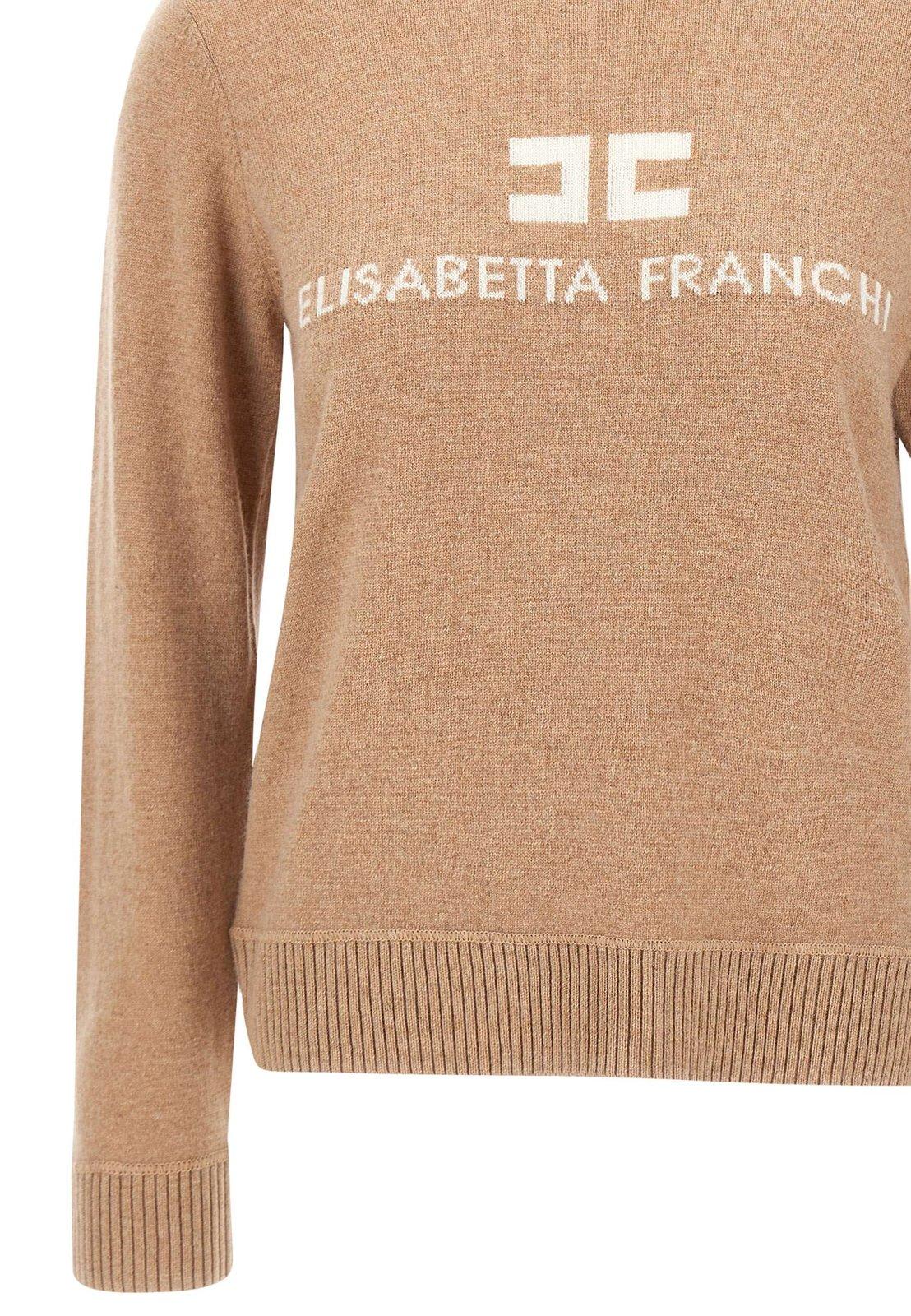 Shop Elisabetta Franchi Logo Embroidered Crewneck Jumper In Cammello-avorio