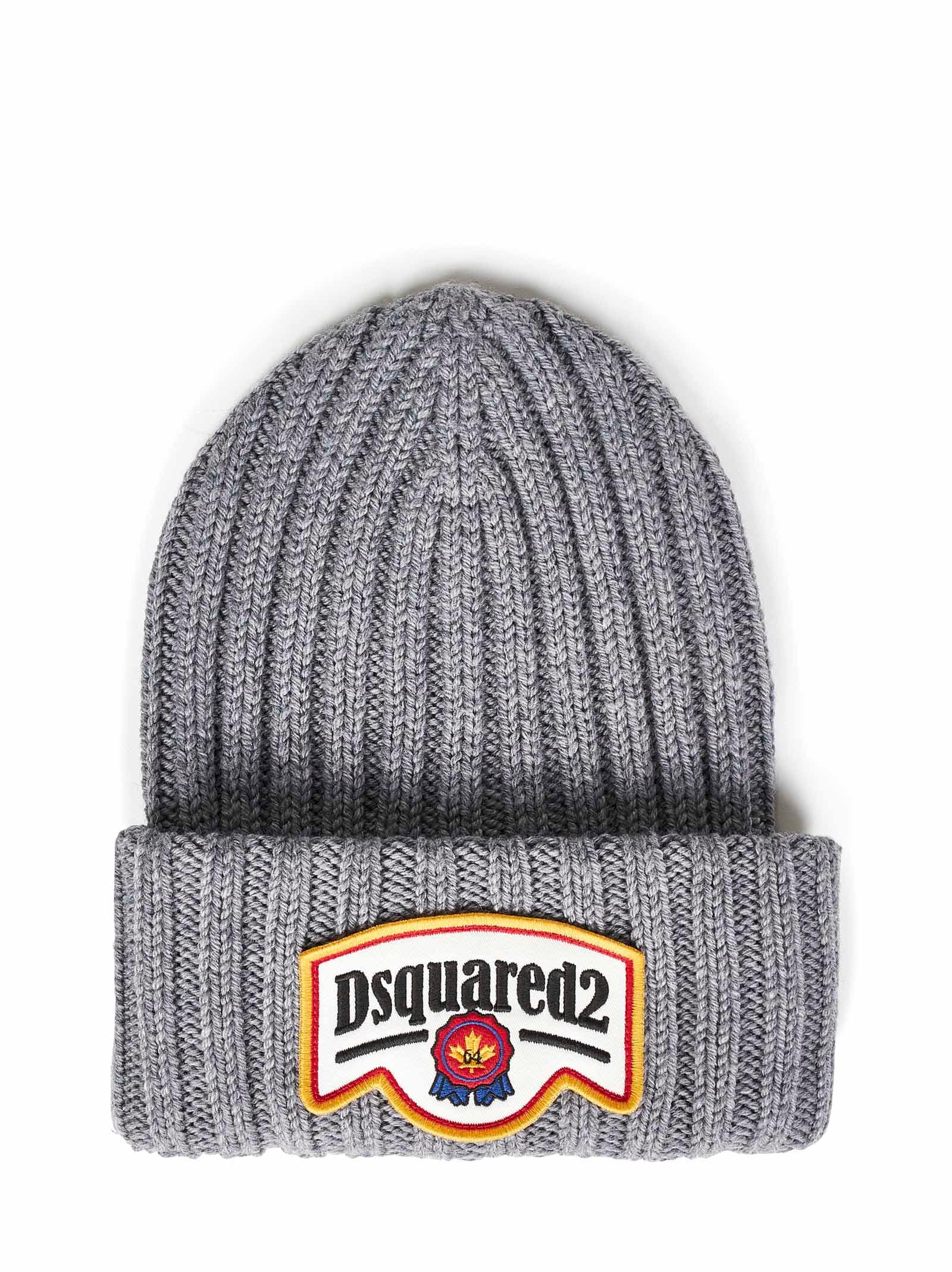 Dsquared2 Grey Ribbed Tricot Wool Hat In Grey