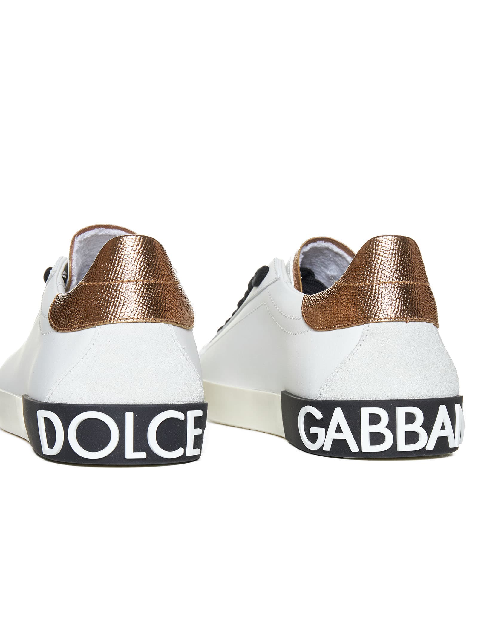 Dolce & Gabbana 'new Portofino' White Low Top Sneakers With Metallic Heel Tab And Logo Patch In Leather Woman In White / Gold