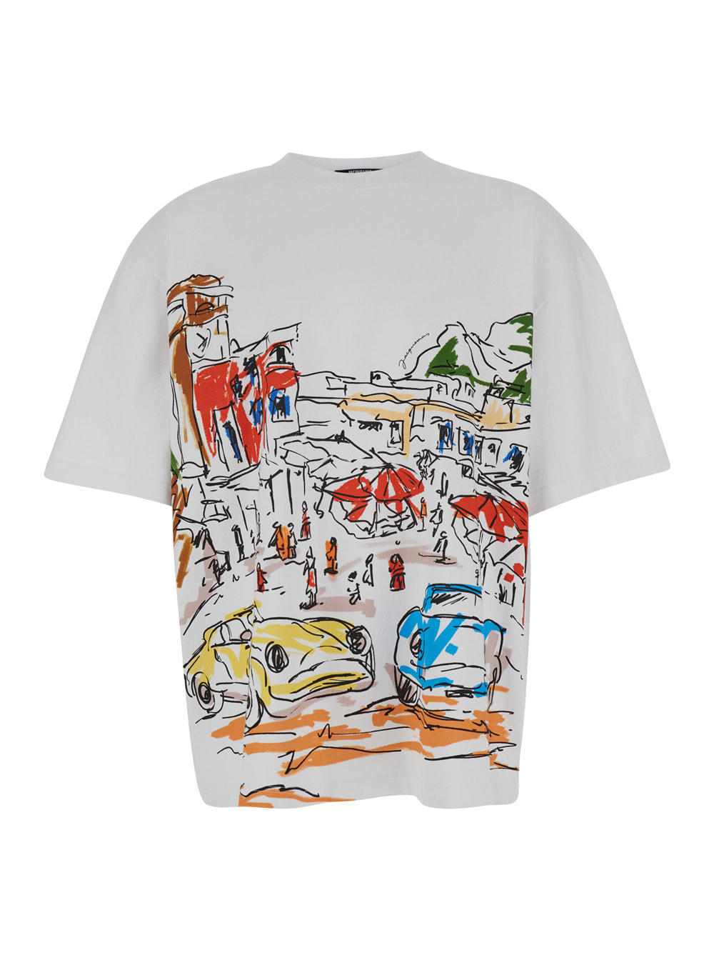 White Crewneck T-shirt With Capri Cars Print In Cotton Man