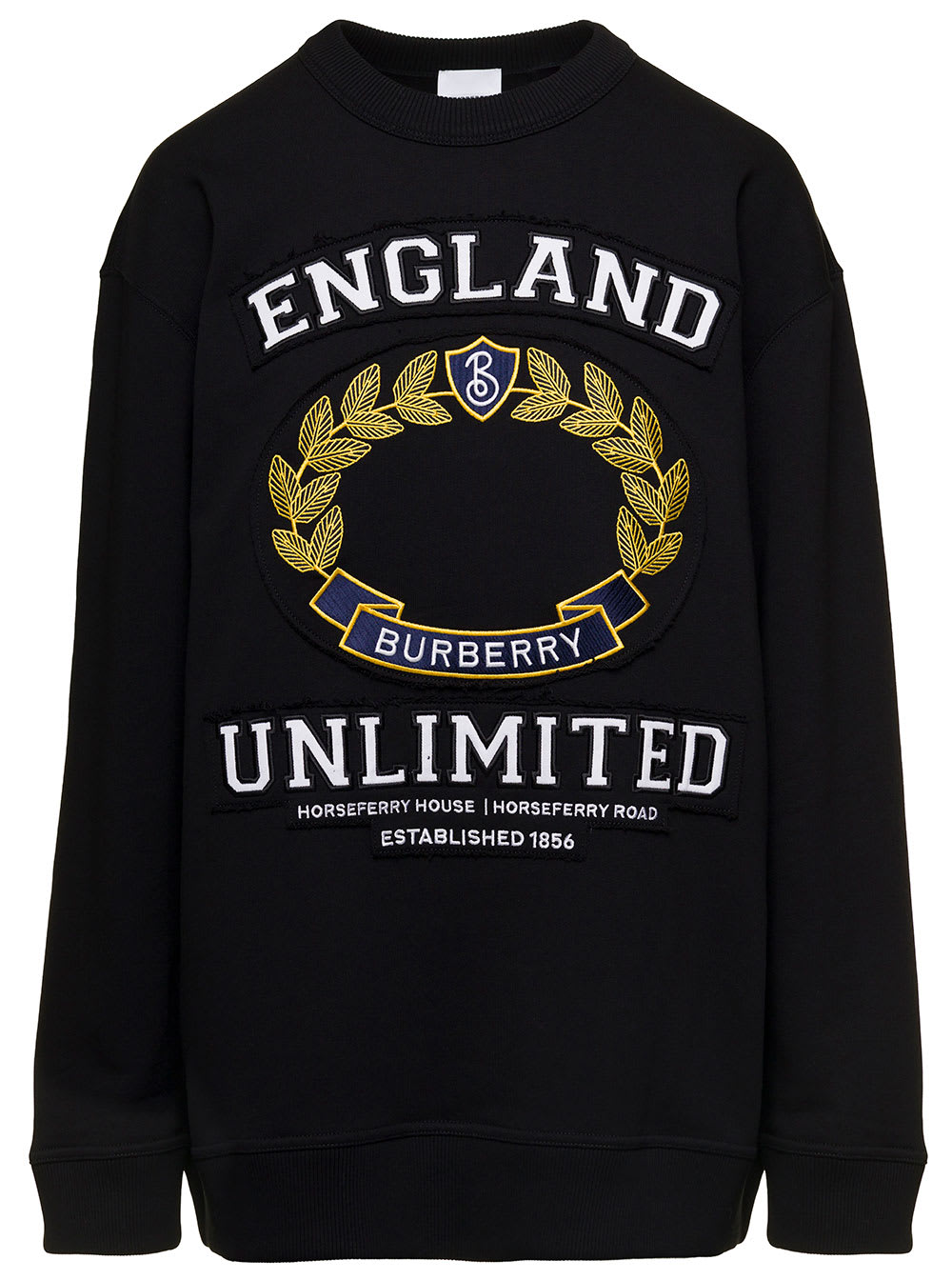 Burberry Black Crewneck Sweatshirt With Logo Print And Embroidered Crest In Cotton Woman