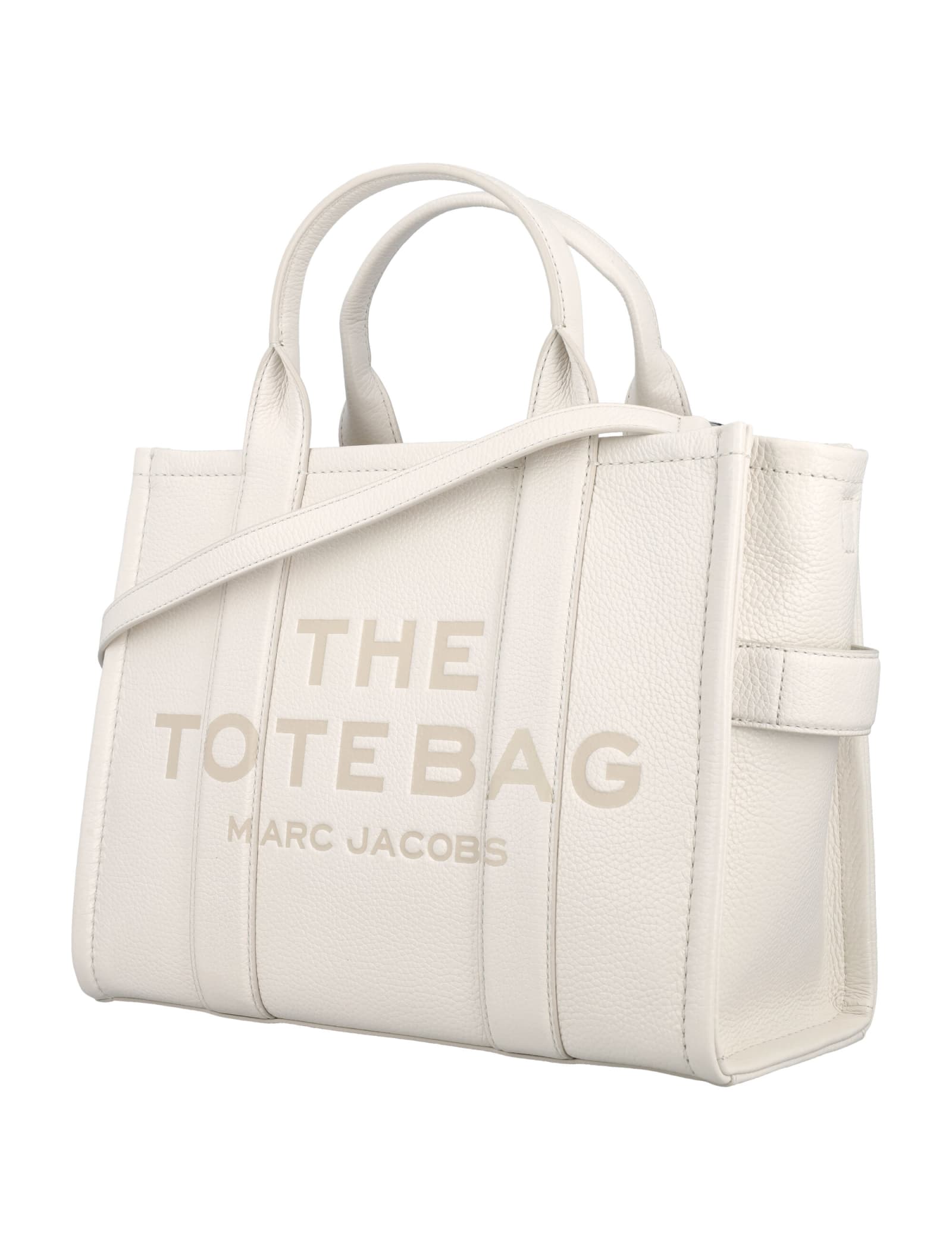 Shop Marc Jacobs The Leather Medium Tote Bag In Cotton Silver