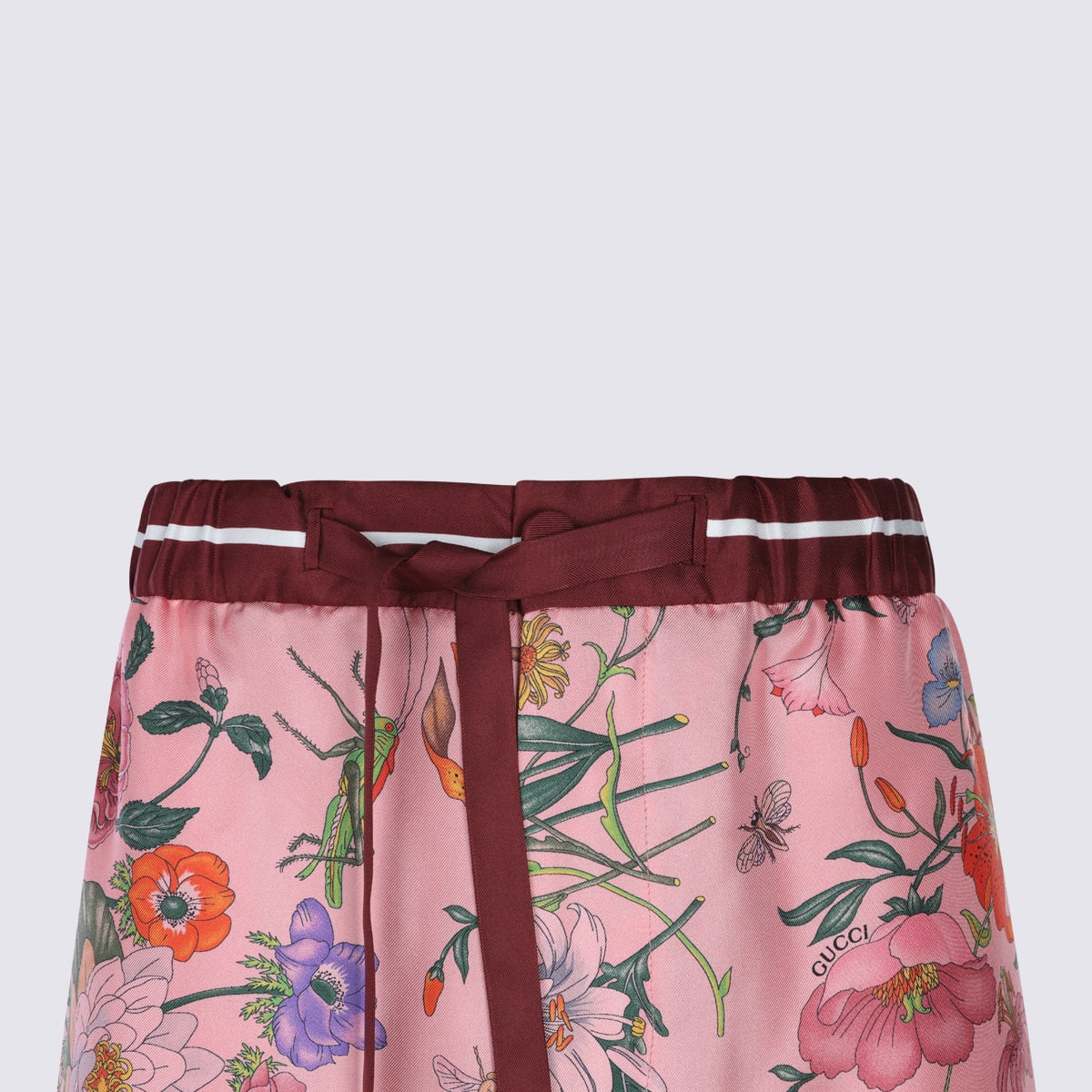 Gucci Women Bordeaux Pants With All-over Floral Print And Elastic Waist In Silk Woman In Multi