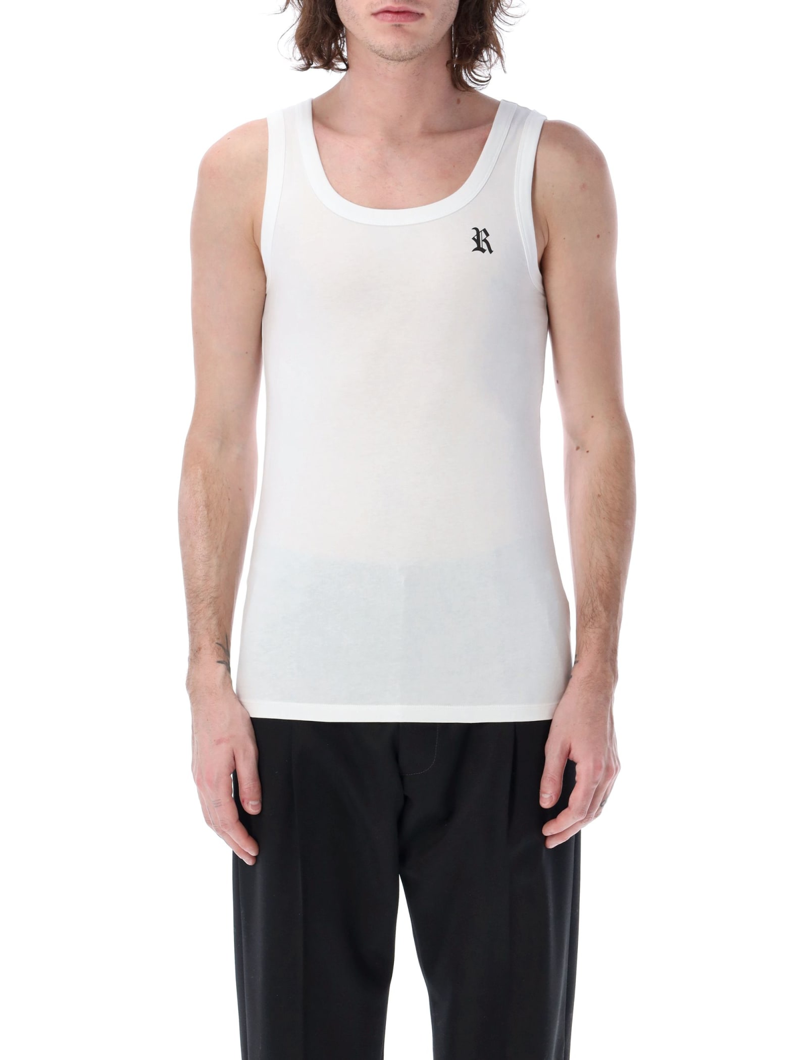 RAF SIMONS TANK TOP WITH R PRINT AND LEATHER PATCH