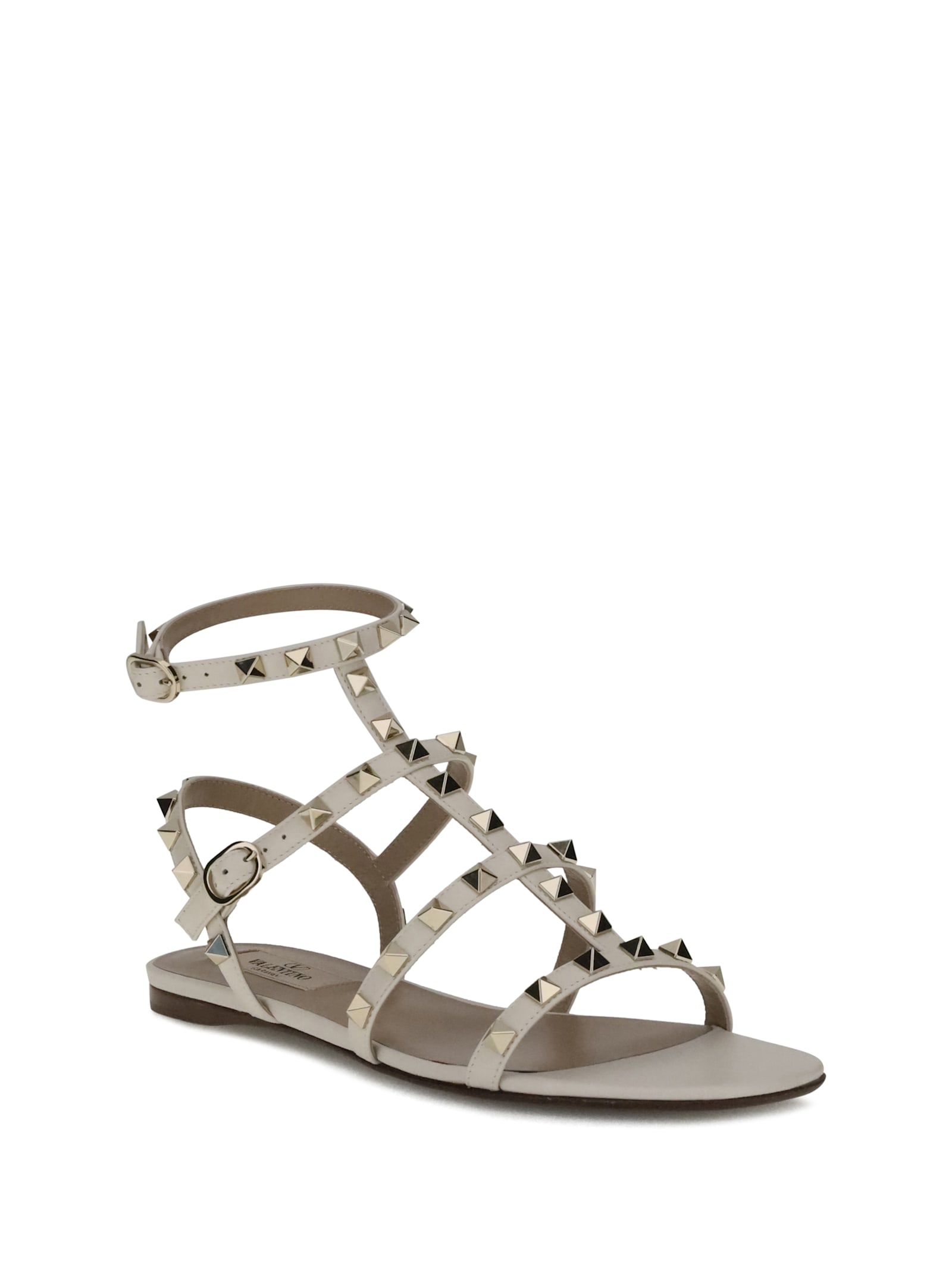 Valentino Round Toe Studded Leather Sandals In Neutral