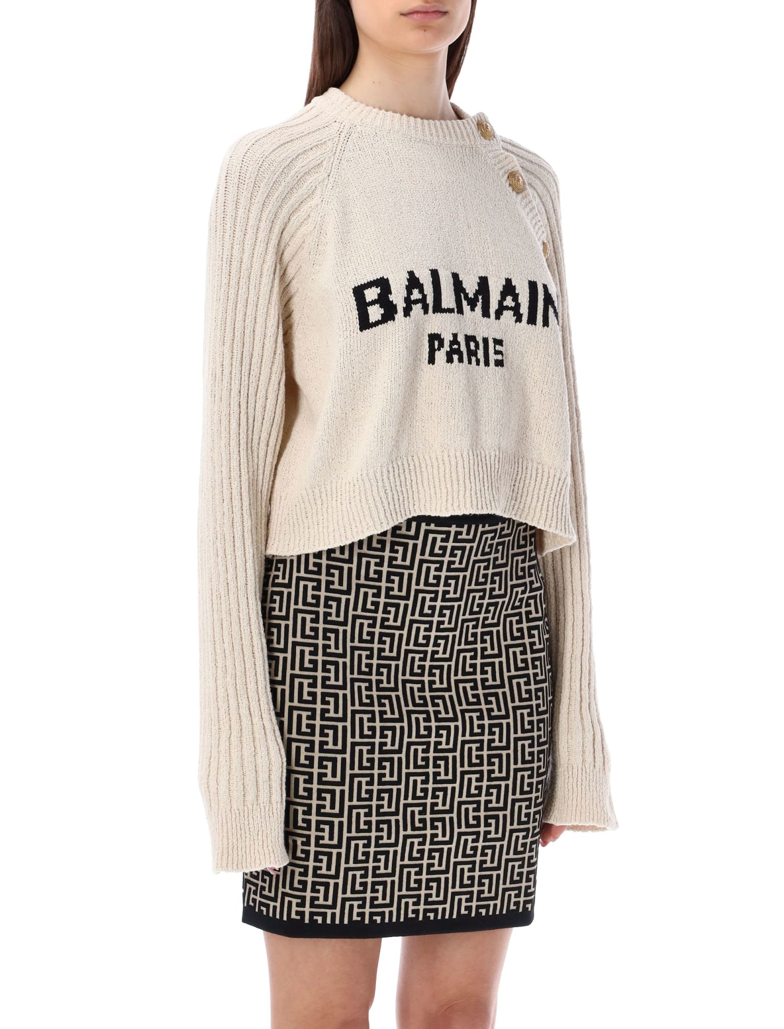 Balmain Buttoned Jacquard Jumper With Logo In Natural