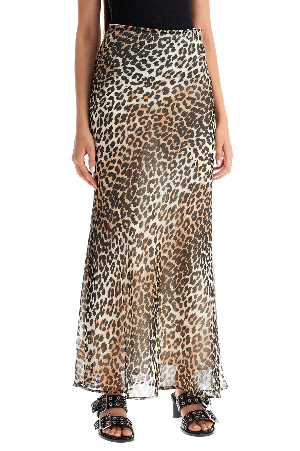 Shop Ganni Long Chiffon Animal Print Maxi Skirt In Almond Milk (beige)