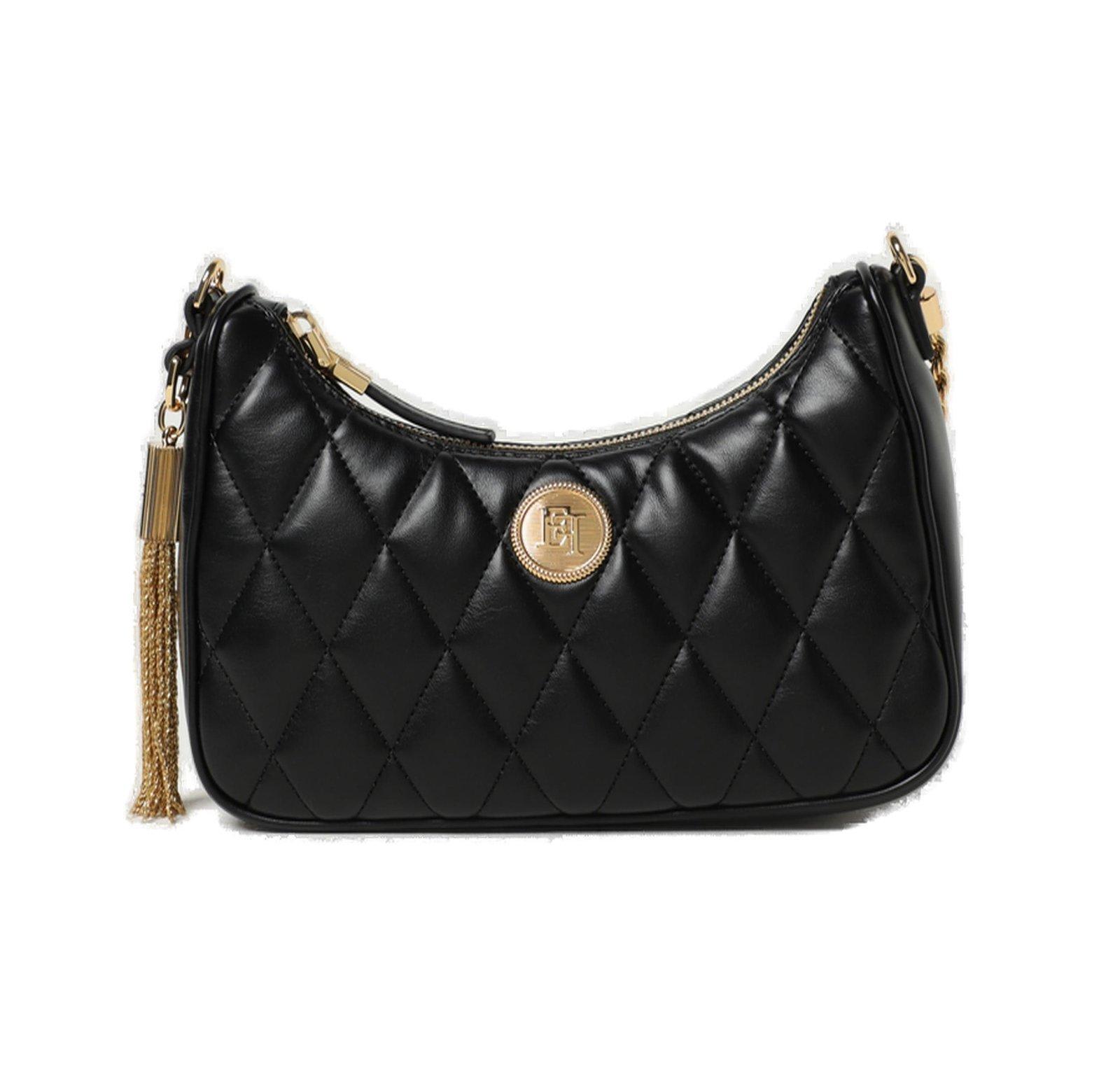 Shop Elisabetta Franchi Logo Plaque Quilted Shoulder Bag  In Black