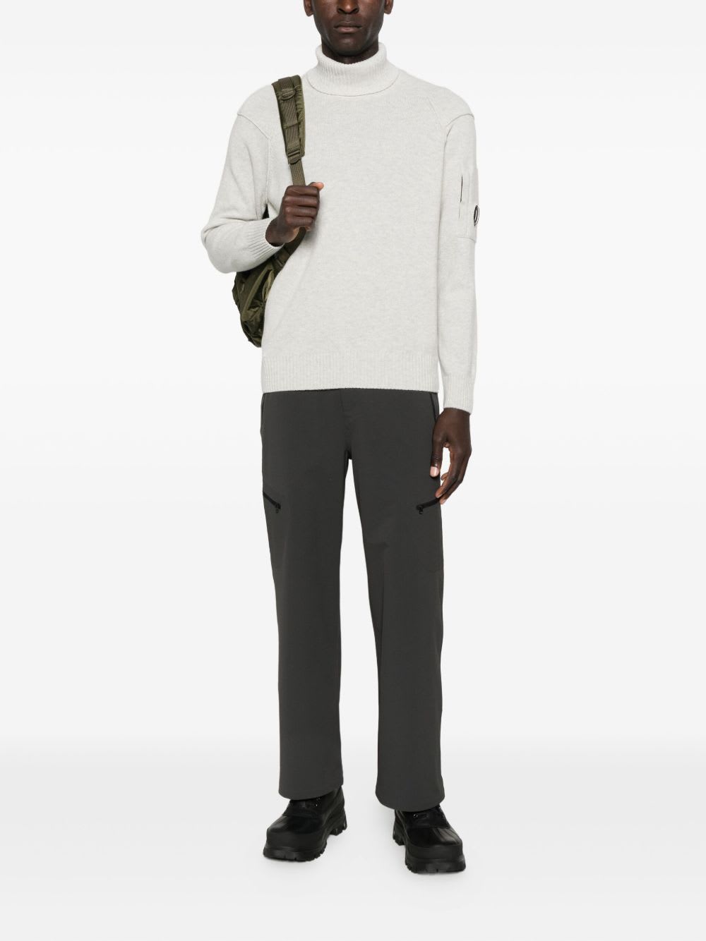 C.p. Company Ribbed Knit Turtleneck Sweater With Folded Collar And Distinctive Sleeve Patch In Gray