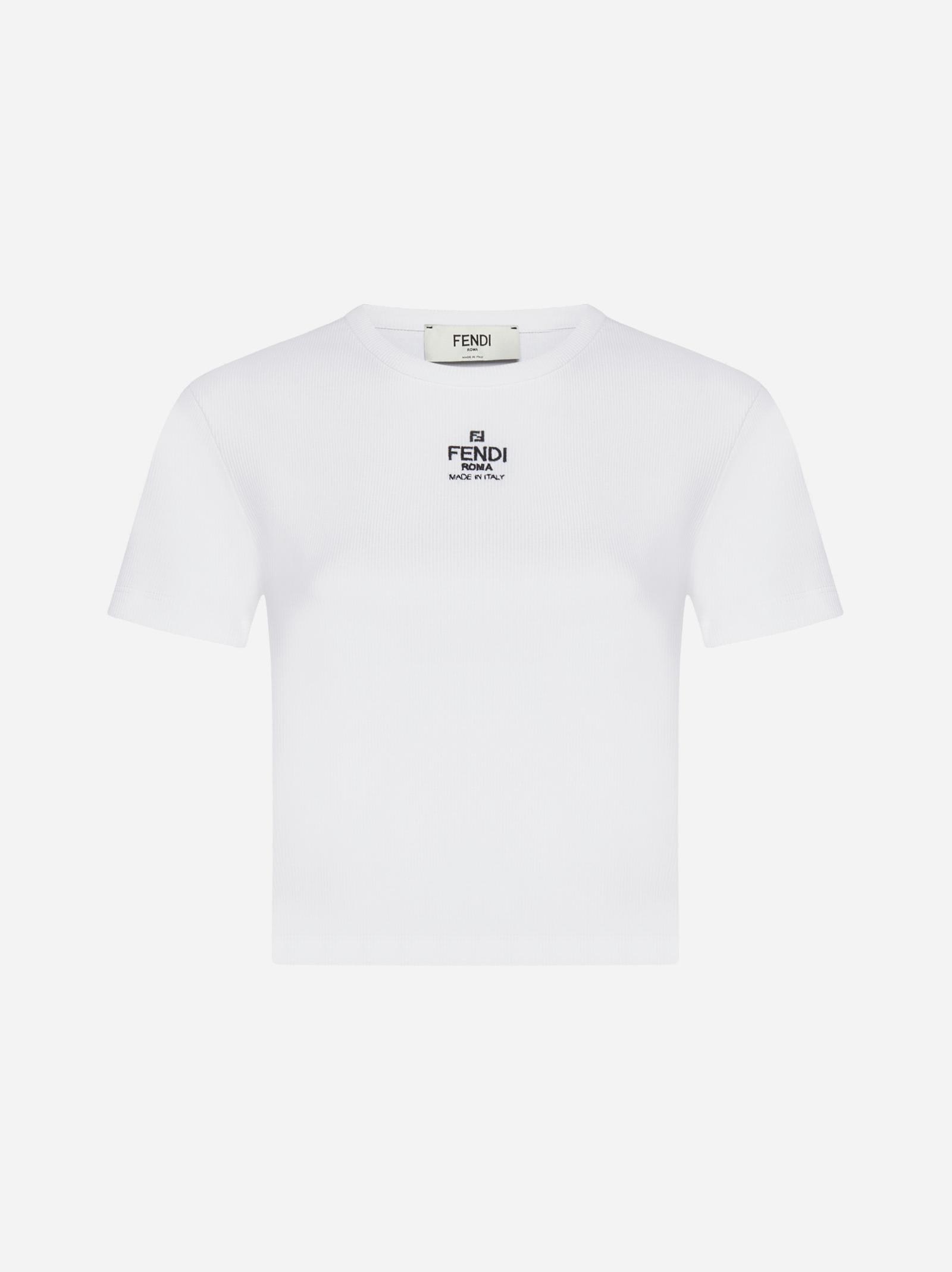 Fendi Women White Ribbed Crop T-shirt With Logo Embroidery In Cotton Woman