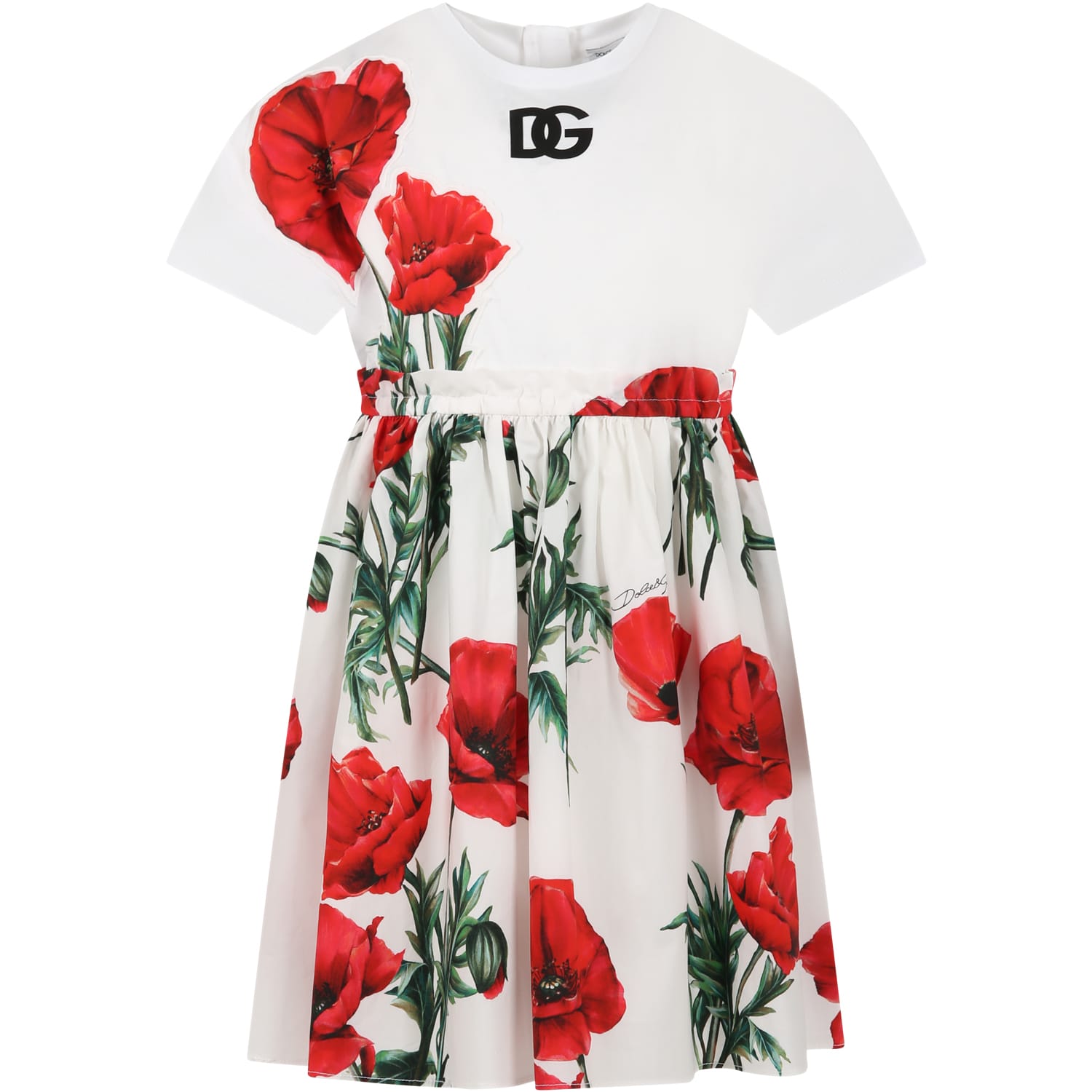DOLCE & GABBANA WHITE DRESS FOR GIRL WITH POPPIES PRINT AND LOGO