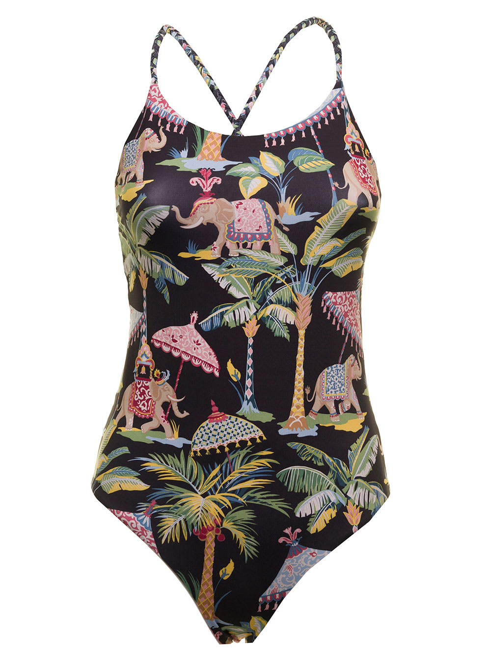 Red Valentino Womans One-piece Stretch Fabric With Elephants Print And Tassels