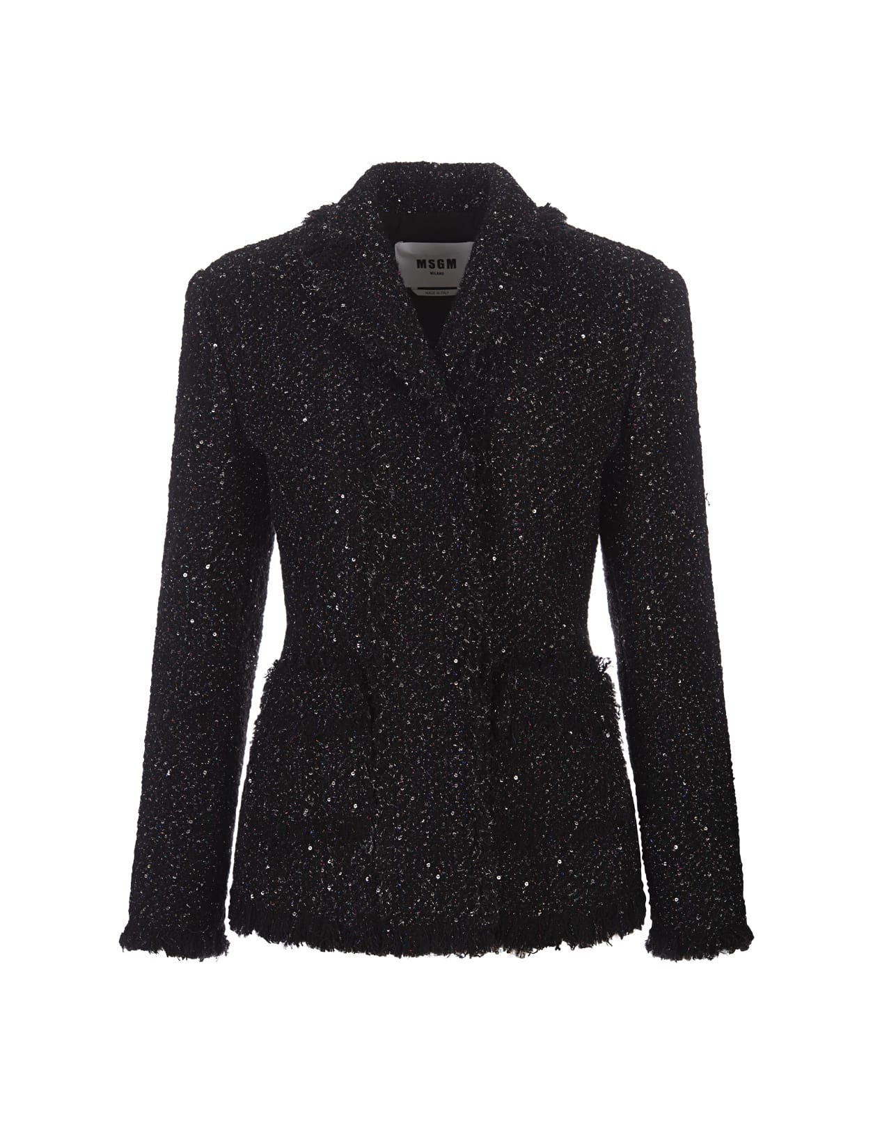 Shop Msgm Black Lurex Tweed Jacket With Frayed Edges