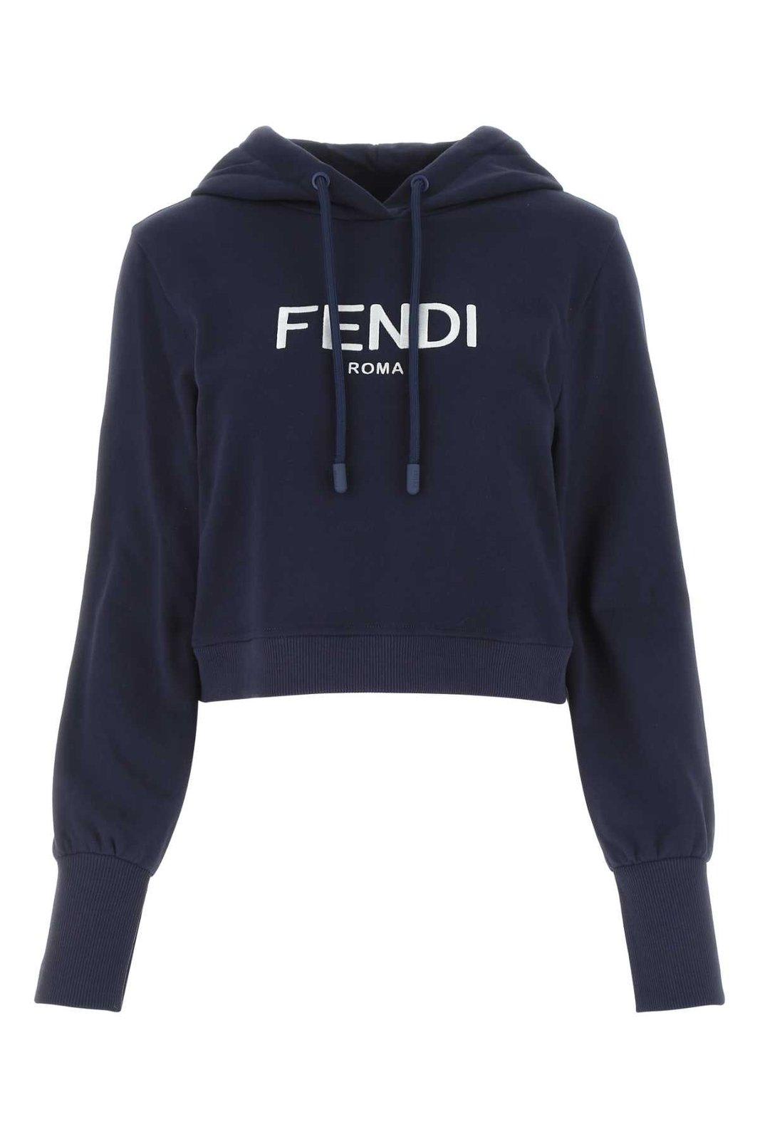 Fendi Logo Embroidered Drawstring Cropped Hoodie