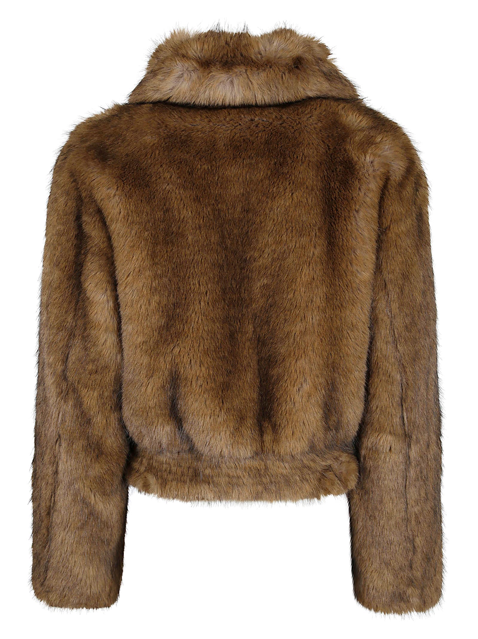 Stand Studio Cropped Faux Fur Coat With Plush Texture And Wide Collar In Brown