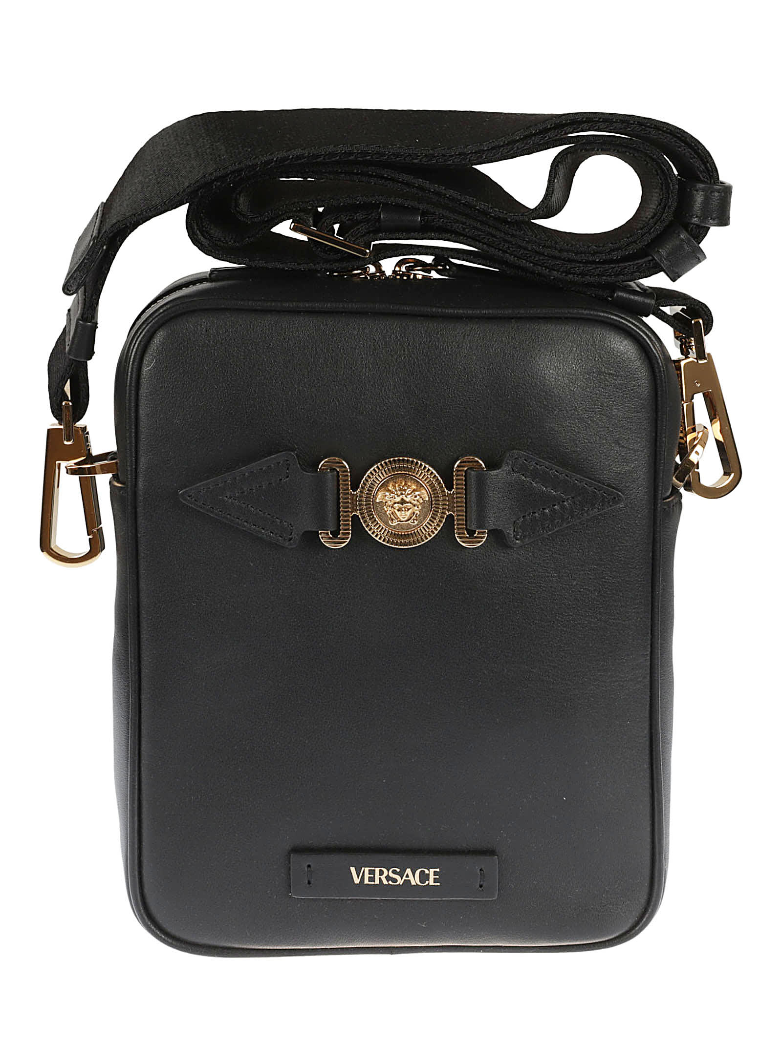 Versace La Medusa Mini Leather Bag In Black/gold