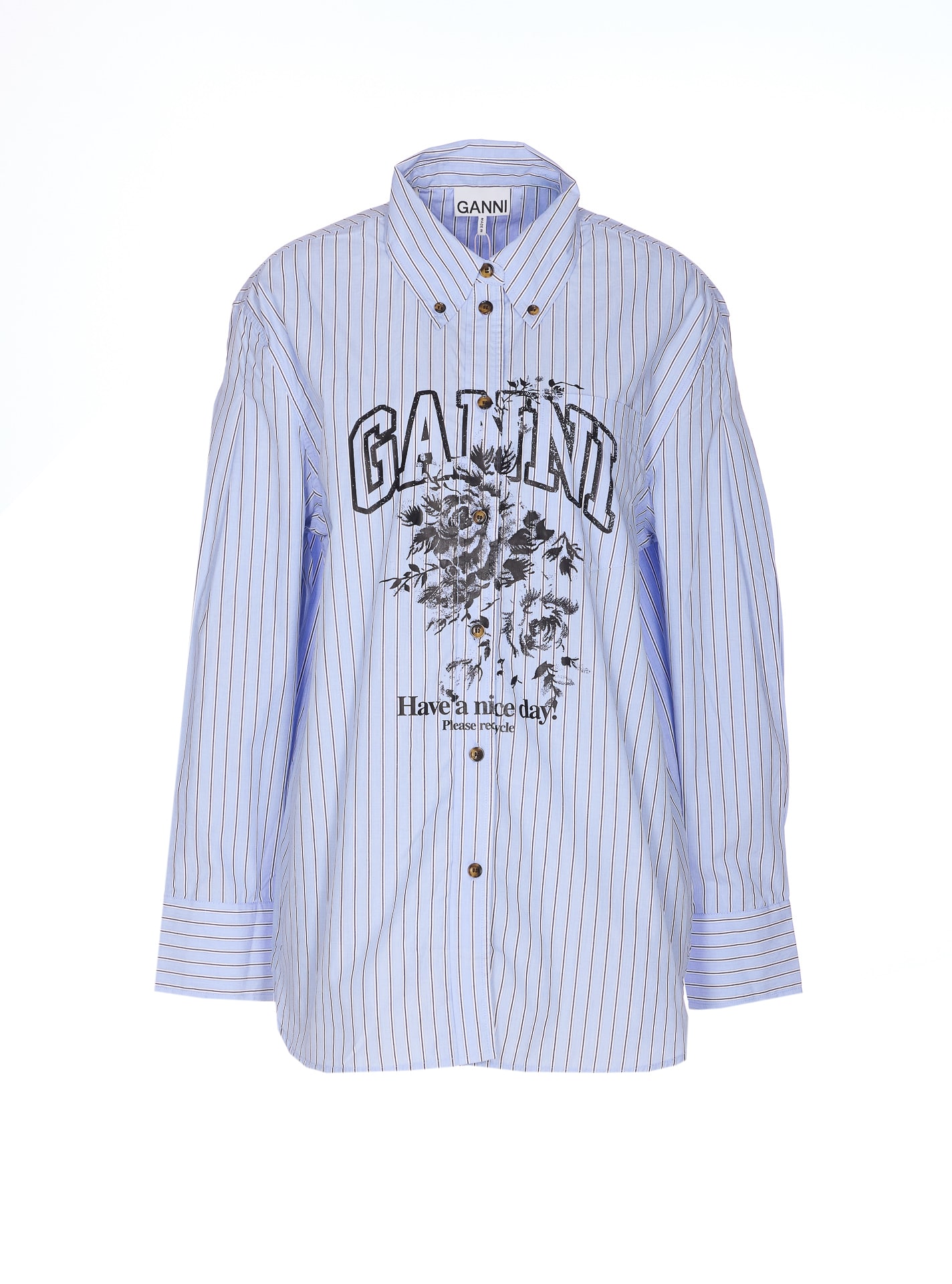 Ganni Long Sleeve Cotton Shirt With Graphic Print In Blue